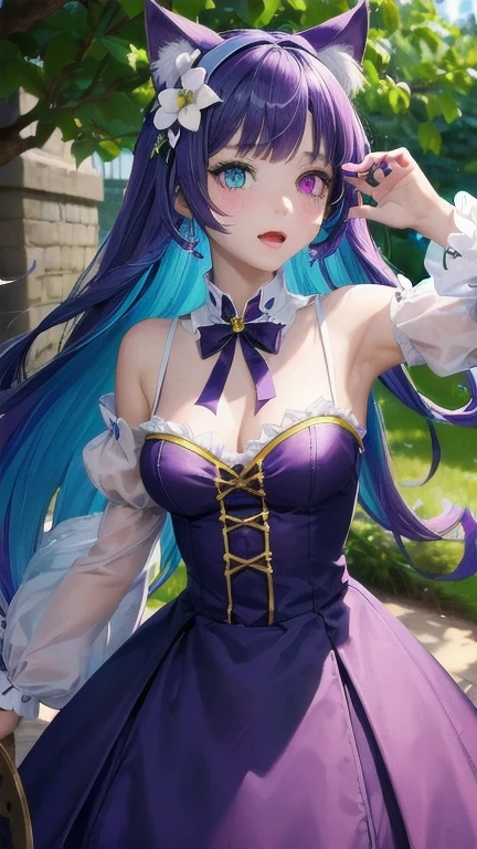 1girl, (masterpiece), best quality, expressive eyes, perfect face, anime girl with cat ears and a flower in her hair, purple hair, (cyan colored inner hair), cute anime girl, highly detailed medieval dress, anime cat girl, (wearing medieval dress), cat girl, purple fur, small breast, (heterochromia blue and purple eye)+, heterochromia