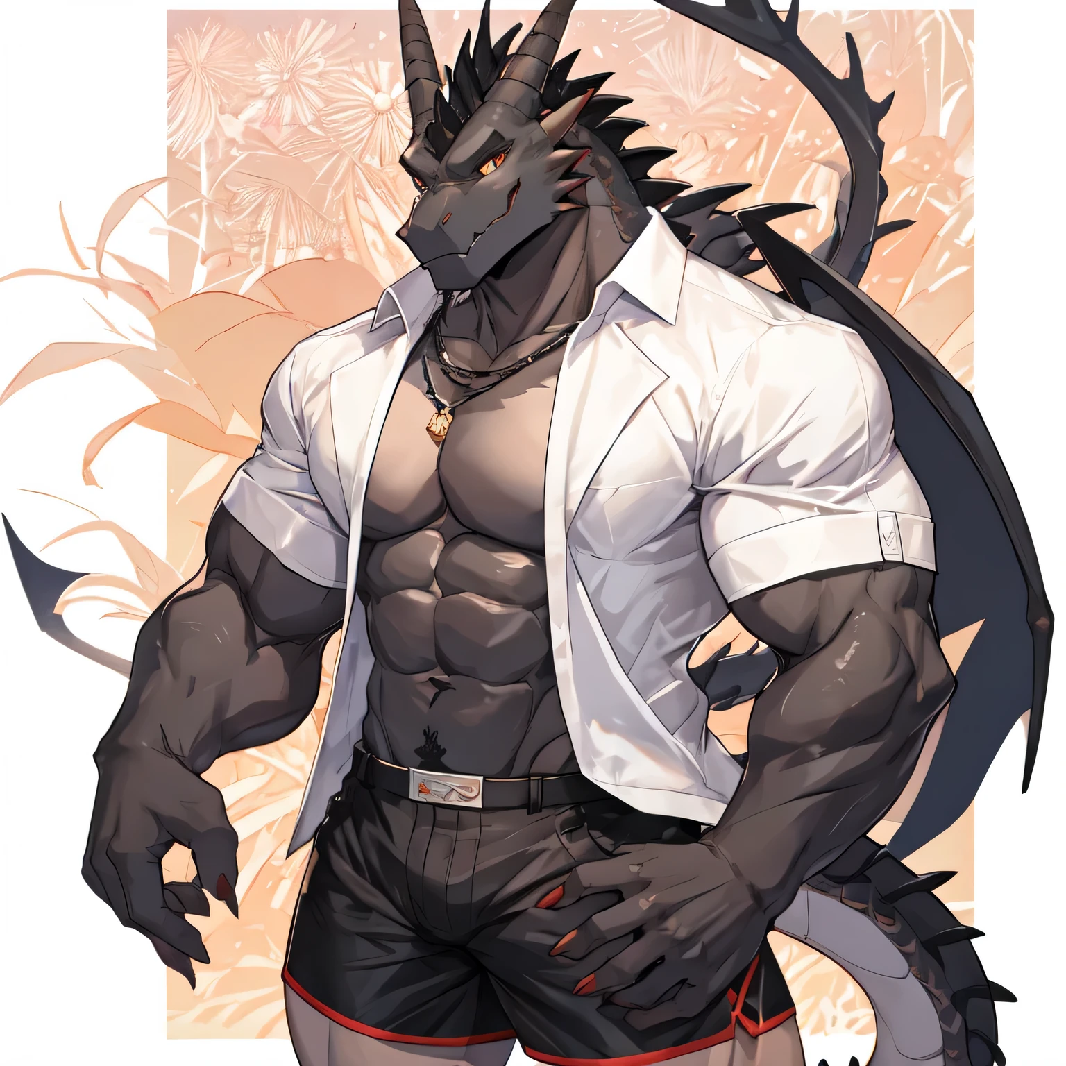 masterpiece, anthropomorphic black dragon　,black nice, Shorts only,social person 　Gari macho　　good looking　　White suit dress shirt　Show off your abs　one person