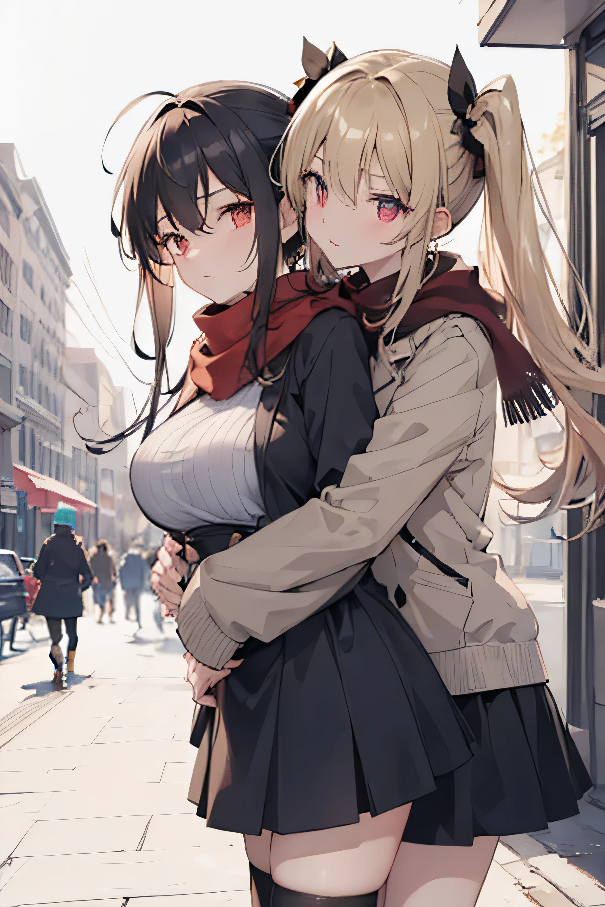 (masterpiece), best quality, expressive eyes, perfect face, 2girls, one with black ponytail hair, red eyes, taller body, smaller breasts, wearing a black dress with short skirt and black stocking with red scarf , gothic lolita, one with a twintail yellow blonde hair, golden eyes, wearing a casual silver turtle neck sweater with brown long coat and white scarf, shorter body, big breast. One hugging the other from behind, in a park street during winter, closer point of view, looking at viewer 