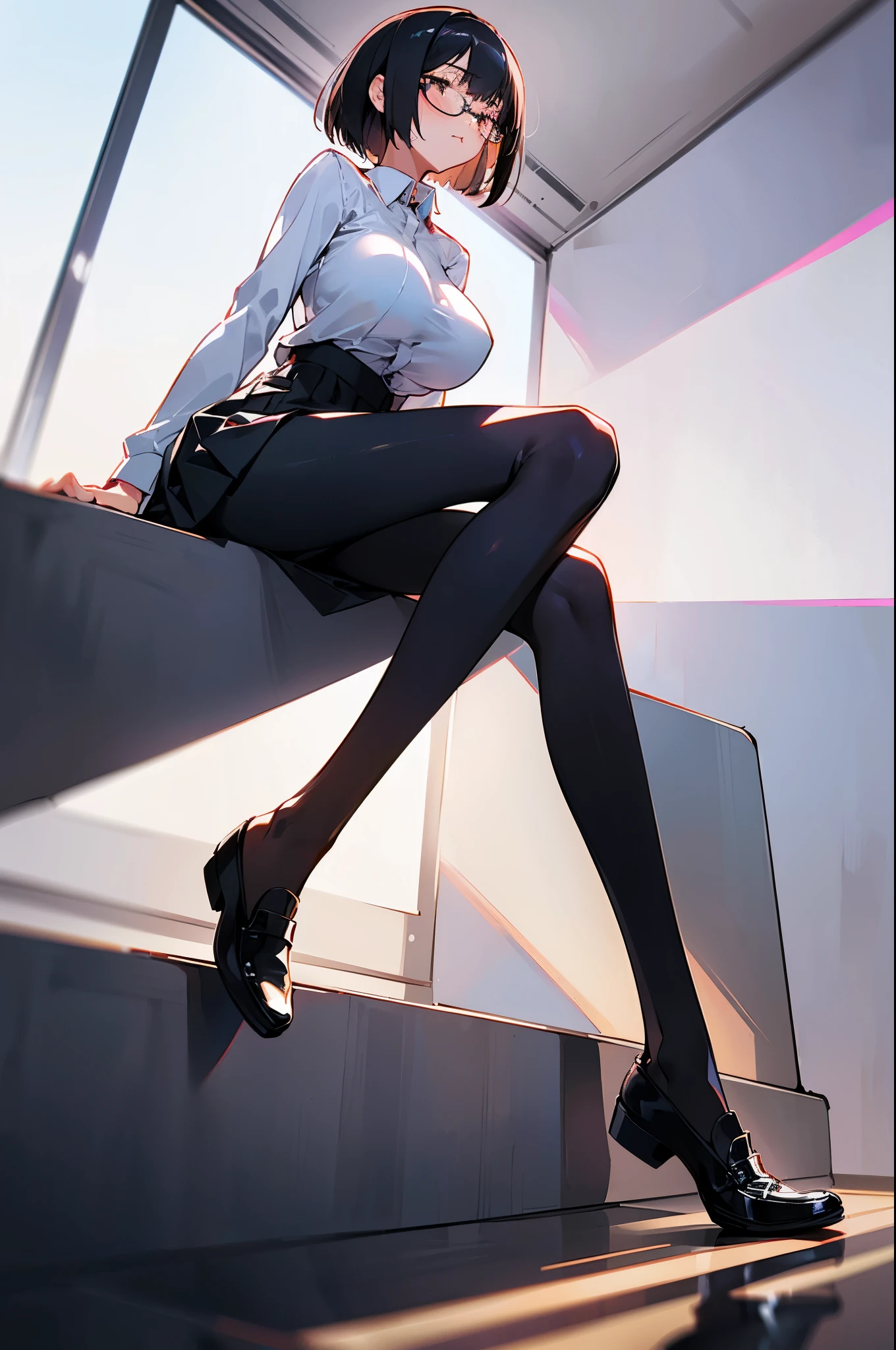 1 girl, glasses, (full body:1.2), sitting, (angle from below:1.1), (angle from the side:1.1), blush, (slim body:1.2), (huge breasts:1.5), (slender and long legs:1.1), black hair, short hair, white long sleeve shirt, pleated skirt, (black tights:1.1), black loafers,