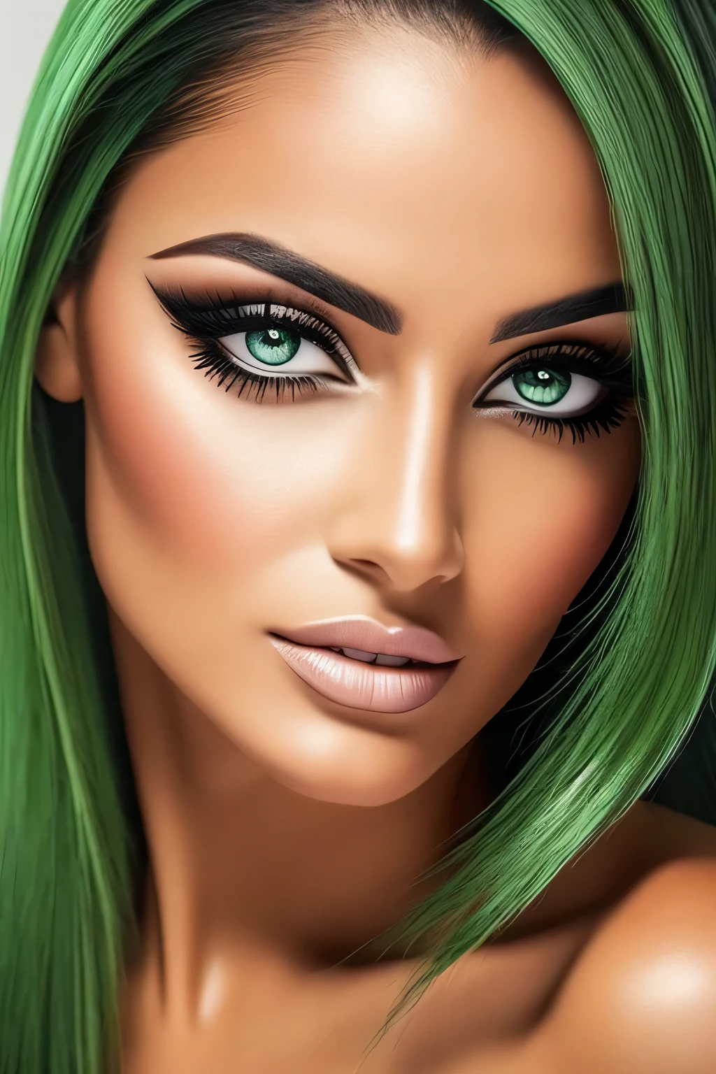 mulher com mascara facial semelhante a mascara de saude, pele branca,boca e nariz tampados pela mascara, apenas olhos a mostra, olhos cor verdes, cabelos pretos, zoom no rosto, aura artistica, aura preta ao redor