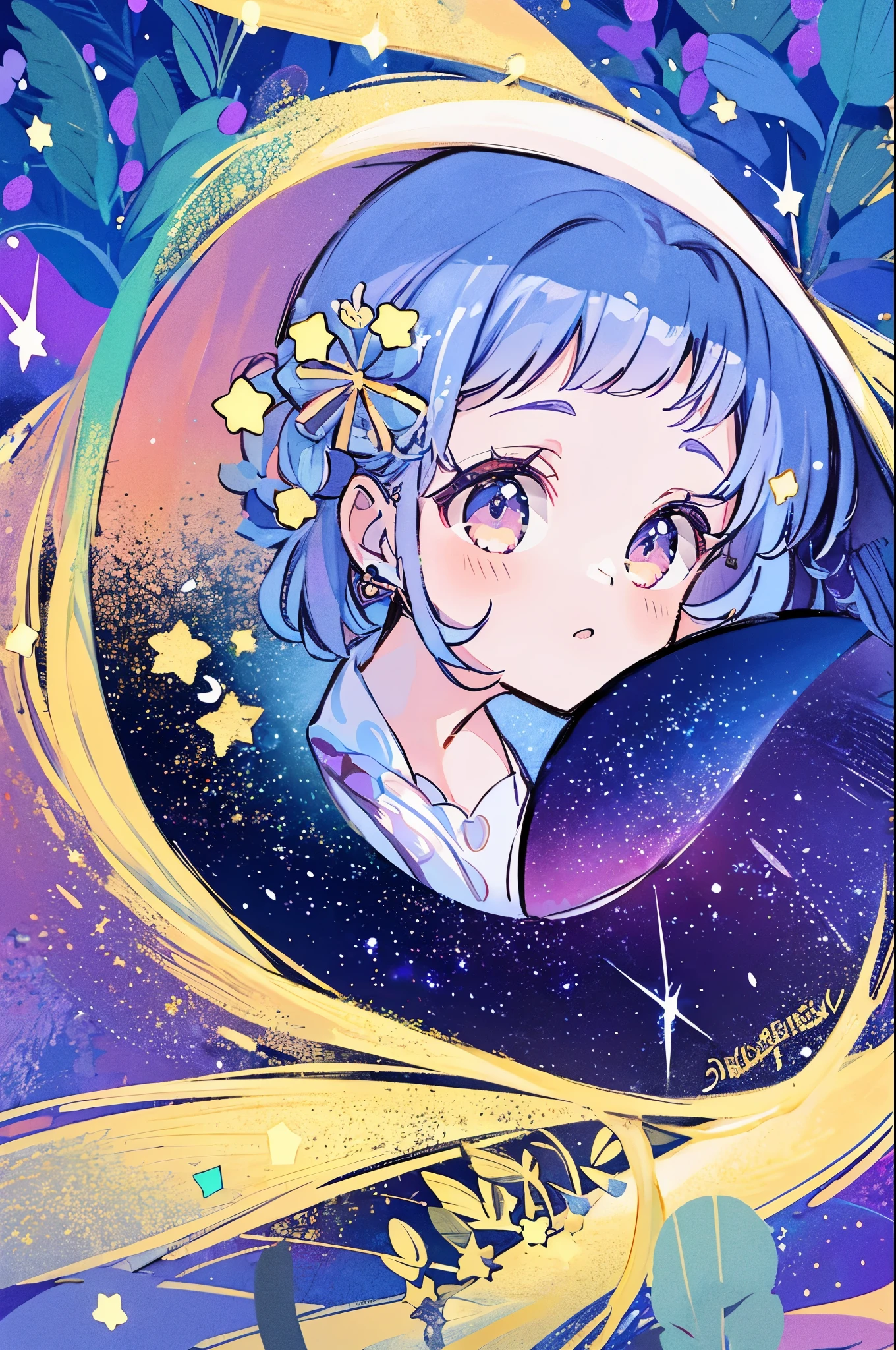 complex background, wishing star background, a woman wearing an ethereal mystical pink translucent dress that reflects the stars, perfume promo art, mystic, complex drawing, highly detailed, Covergirl brand, promo art, artistic rendition, ethereal, starry night, midjourney style, beautiful face, golden ratio, perfection, intricate details