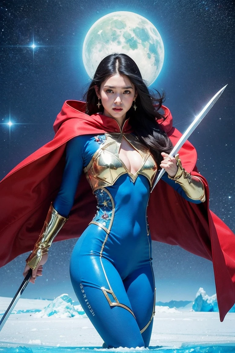 highest quality, masterpiece, realistic, High resolution, 8K RAW写真, 1 girl、long hair、goddess、has a decorated sword、Swing your sword up、((glamor body:1.3))、(Blue bodysuit with ice motif、gold edge、red cloak)、silver pendant、silver earrings、(((action pose)))、(On the ice of a planet where you can see Mercury)、(Many ice crystals in the starry sky）