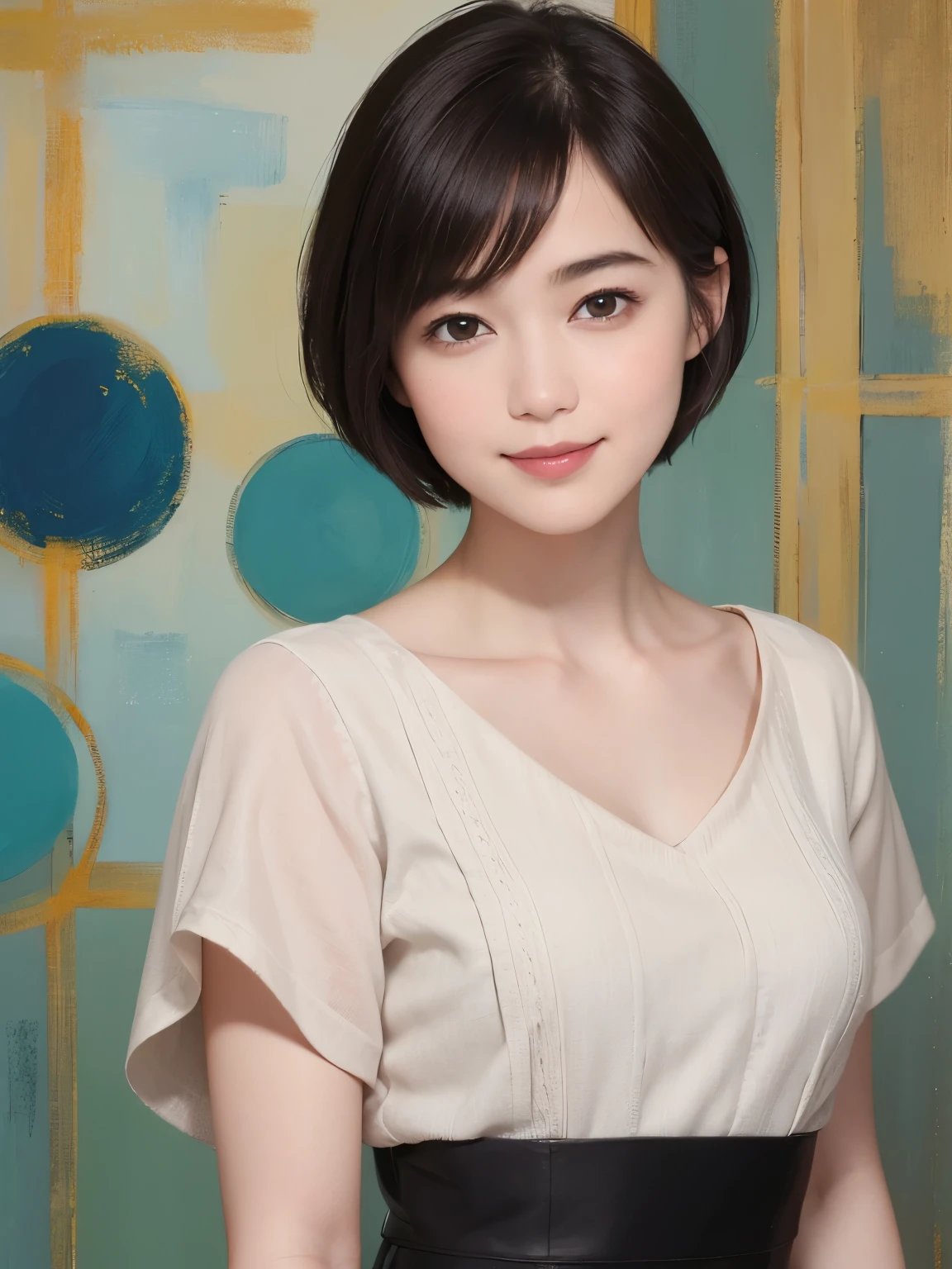 (snapdd00-Fp16), 1-9-5, woman, gentle smile, short hair, The background is an avant-garde abstract painting..