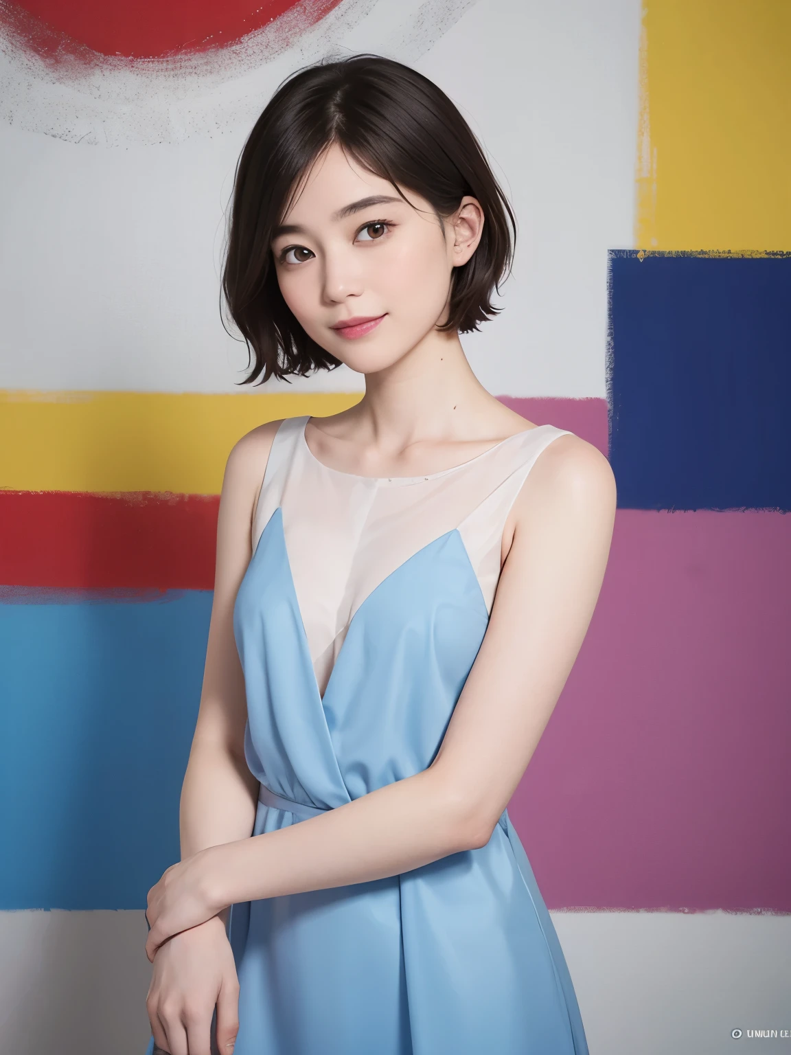 (snapdd00-Fp16), 1-9-5, woman, gentle smile, short hair, The background is an avant-garde abstract painting..