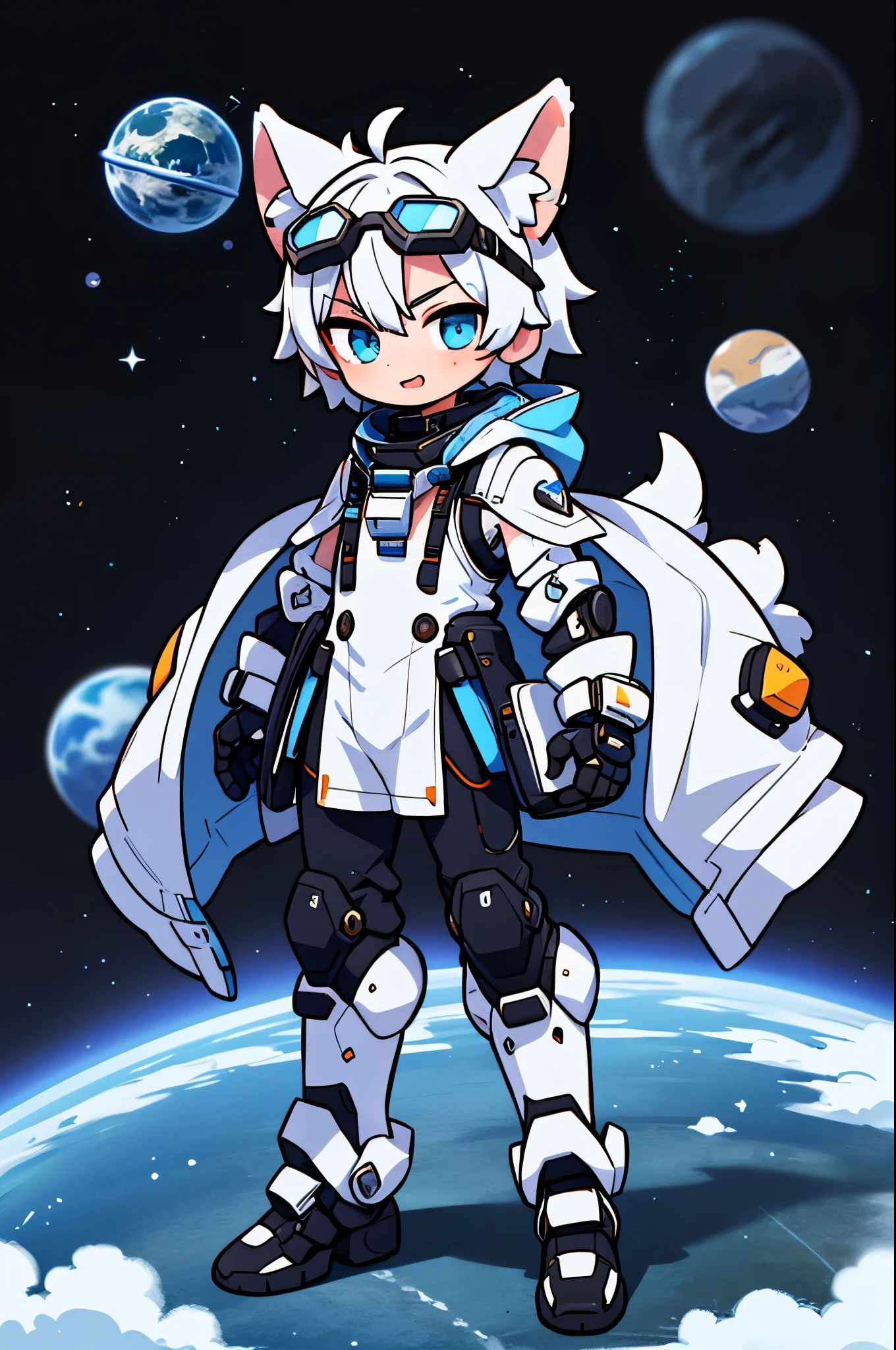 Game CG,4K quality,((14 year old male boy)),Handsome face,straight hair,sharp eyes,wolf ears,((blue goggles on head)) ,fangs, glad,full body portrait,(Wearing blue and white full-body mechanical armor),turtleneck bodysuit,Mecha gloves, white boots, Floating,outer space,Mechanical wreckage,space station ground