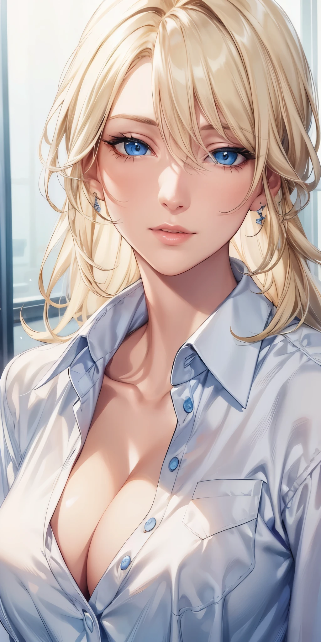 portrait, realistic, elegant mature woman, blue eyes, blonde hair, big breast, 4k resolution, beautiful cg, soft light