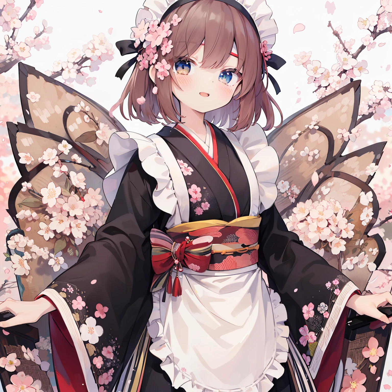 anime girl in kimono outfit with cherry blossoms in background, pastel watercolor anime、1girl,smile,center, (fusion of black housekeeper costume and black kimono with cherry blossom petal embroidery:1.3), (long kimono sleeve:1.3), BREAK (white theme:1.2), (wearing a white half-apron over a kimono:1.3), ((white brim, maid headband) with ruffles:1.3), BREAK (Japanese clogs geta:1.2),cute anime waifu in a nice dress, sakura petals around her, in a kimono, anime visual of a cute girl, anime waifu, in kimono, clean detailed anime art, anime style 4 k, best anime 4k konachan wallpaper, anime girl wearing a black dress, young anime girl, beautiful anime girl