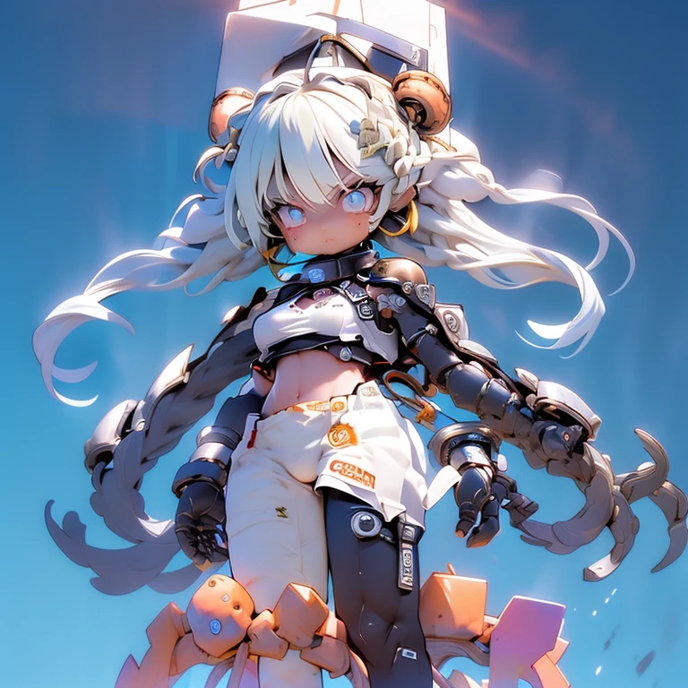 #quality(8k,best quality, masterpiece,super detailed),fighting each other, #girl(cute, kawaii,small kid, sharp expression,brave,determined,large mechanical arms,arms shining,arms sparkling,hair floating,hair color cosmic,braid hair,skin color white,skin color blue,pale skin,eye color cosmic,eyes shining,big eyes,big breast,wearing damaged armor,in fight,open stomach,dynamic action,),#background(battle field,rubble city,smorky,sparks,)