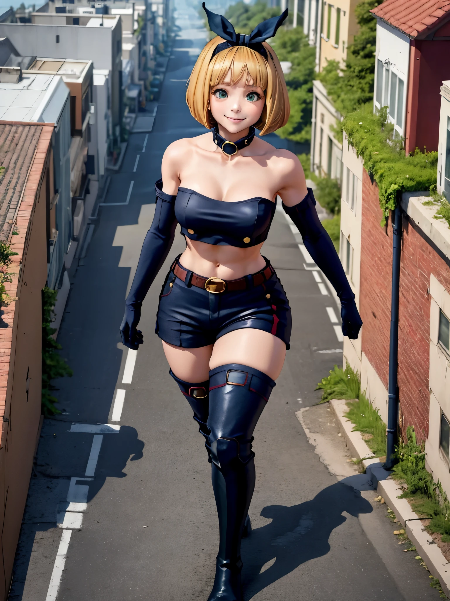 masterpiece, best quality, nonsense, 1girl, solo, giantess, very big, ShushuSuruga, bob cut, black hairband, midriff, neckline, elbow gloves, strapless, black shorts, knee high boots, outdoors, standing, smile, walking in small little mini city