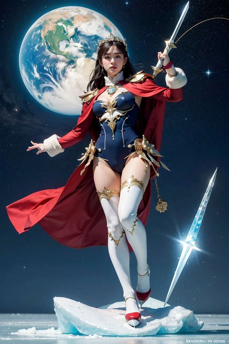 highest quality, masterpiece, realistic, High resolution, 8K RAW写真, 1 girl、long hair、goddess、has a decorated sword、Swing your sword up、((glamor body:1.3))、(Blue bodysuit with ice motif、gold edge、red cloak)、silver pendant、silver earrings、(((action pose)))、(On the ice of a planet where you can see Mercury)、(Many ice crystals in the starry sky)