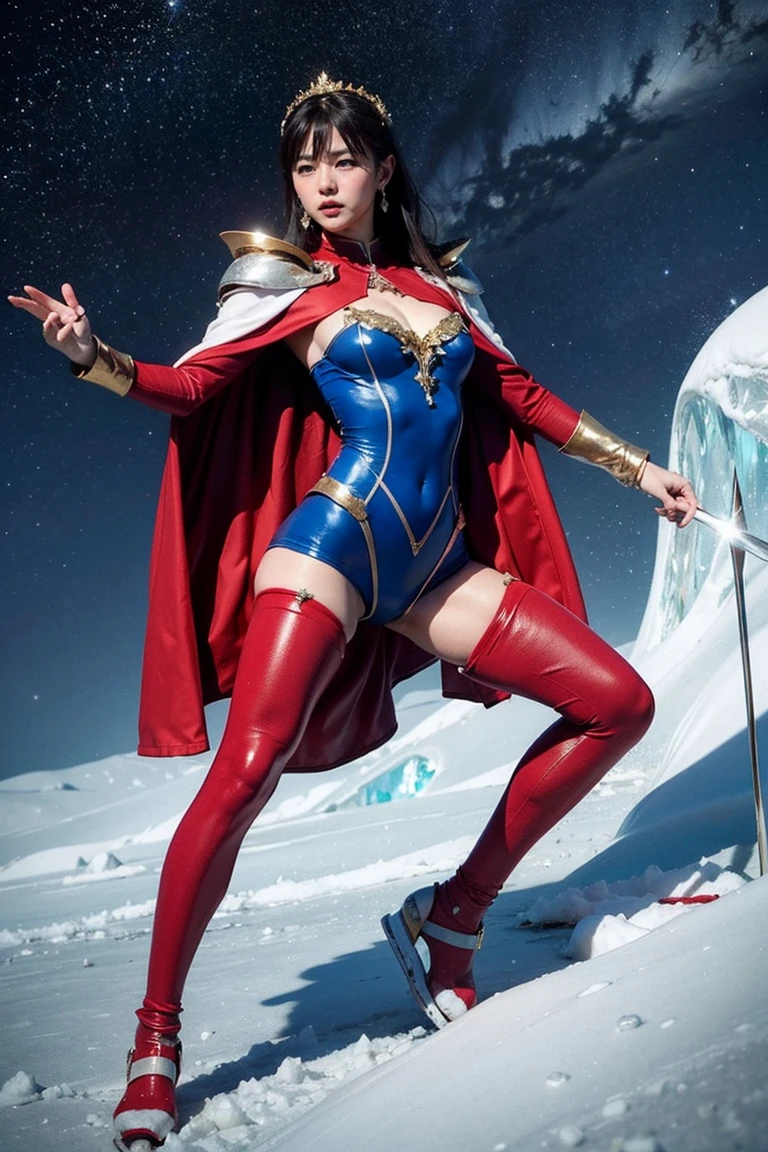 highest quality, masterpiece, realistic, High resolution, 8K RAW写真, 1 girl、long hair、goddess、has a decorated sword、Swing your sword up、((glamor body:1.3))、(Blue bodysuit with ice motif、gold edge、red cloak)、silver pendant、silver earrings、(((action pose)))、(On the ice of a planet where you can see Mercury)、(Many ice crystals in the starry sky)