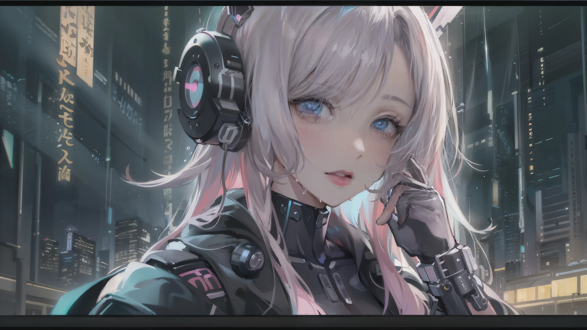 (最high quality, 4k, masterpiece :1.3), Beautiful woman, 1 girl, sexy :1.1, dark brown hair: 1.1, (wet in the rain, wet in the rain, wet body :1.2), white tank top, super detailed face, lip details, blindfold, cyber punk, born, masterpiece, evil woman, undead, demi-human, ultra fine photo,, 最high quality, ultra high resolution, realistic, sunlight, portrait, amazingly beautiful,, Half body, delicate face, bornきbornきとした目, born photo, 1 girl, alone, 1 girl, alone, Half body, VR headset, wearing samurai, onisamurais girl futuristic, Pusfer Best, fashion pose, futuristic cyber punk, tattoo, analog photography, 3D realistic, 見事なportrait, (Highly detailed CG Unity 8K wallpaper), the most beautiful work of art in the world, professional photography, Trending with ArtStation, Trending on CGsociety, Complex, high detail, sharp focus, dramatic, realistic, princess of persia, cyber punk, futuristic, pale skin, Because I'm slender, (high definition skin:1.2), 8k uh, Digital single-lens reflex camera, soft lighting, high quality, film grain, Fujifilm XT3, feminine devil, wear blindfold fabric silk, cyber punk city background, Inspired Chrome Stainless Steel, blonde emo hairstyle, pink hair, Welding protective mask