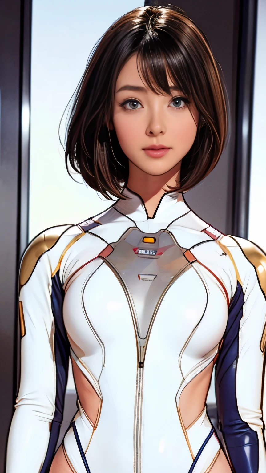 (masterpiece、highest quality、highest resolution、clear_image、Detailed details): (full body figure、15 year old girl、Japanese face、small face、thin、navy blue super short bob cut hair、blue colored eyes、((navy long sleeve space suit、space helmet))、headset、cosmic handbag、cute type、gentle smile、soft expression、headset、(((knee high boots)))、gloves up to the elbow、eye level shot、face directly、woman on a spaceship), (((camel toe))), ((Pure white leotard))