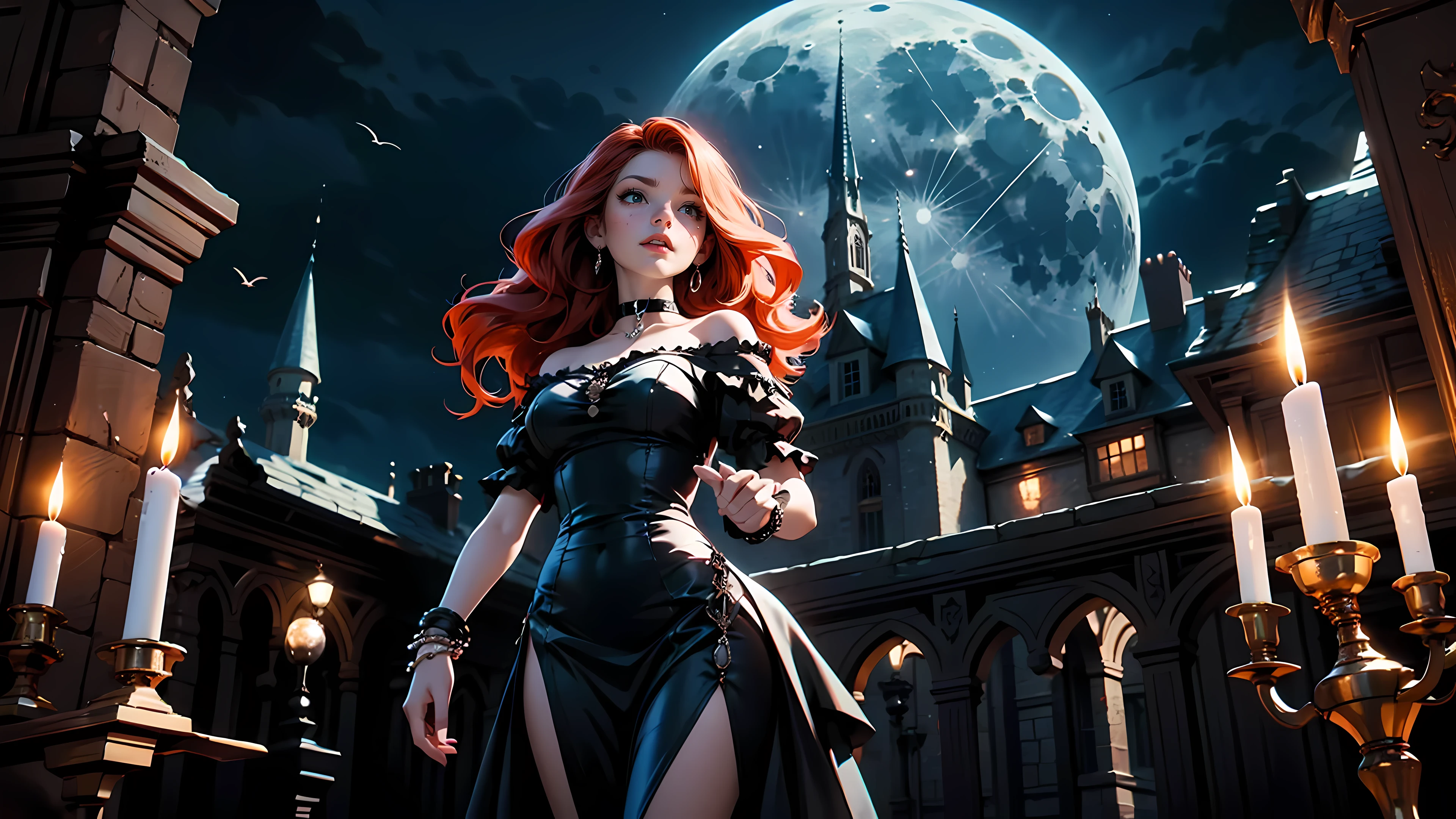 ((1girl)), long red hair, choker collar, bracelets, long Victorian style black dress, standing, dramatic pose, cowboy shot, gothic castle, night, nighttime, one moon, moonlight, candles, candlelight, dramatic lighting, cinematic lighting,