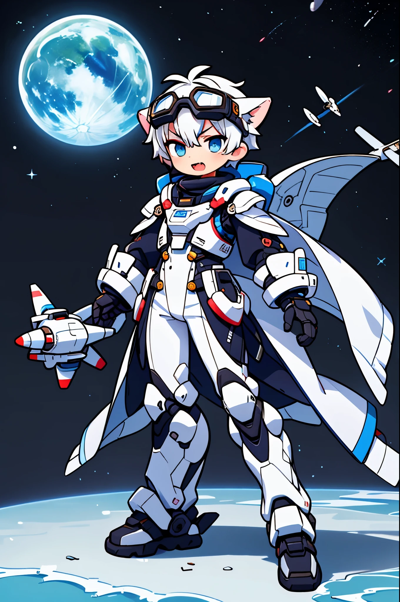 Game CG,4K quality,(( male boy)),Handsome face,straight hair,sharp eyes,wolf ears,((blue goggles on head)) ,fangs, glad,full body portrait,(Wearing blue and white full-body mechanical armor),turtleneck bodysuit,Mecha gloves, white boots, Floating,outer space,Mechanical wreckage,space station ground