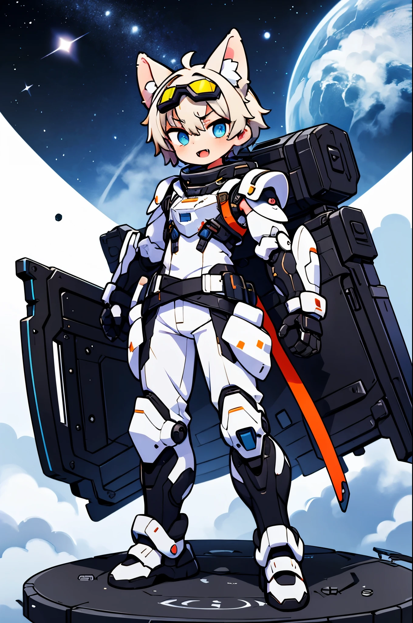Game CG,4K quality,((14 year old male boy)),Handsome face,straight hair,sharp eyes,wolf ears,((blue goggles on head)) ,fangs, glad,full body portrait,(Wearing blue and white full-body mechanical armor),turtleneck bodysuit,Mecha gloves, white boots, Floating,outer space,Mechanical wreckage,space station ground