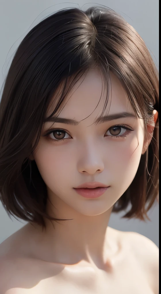 (very detailedな美しい顔)、(超real)、(非常にdetailed eyes、very detailedな髪、非常にdetailed face、very detailedなふっくらとした唇)、(off shoulder)、Court Smile、(highest quality:1.4)、生photograph、(real、フォトrealistic:1.37)、プロのphotograph、cinematic light、highest quality、masterpiece、(realistic:1.2)、1 girl、detailed face、beautiful eye star piece:1.2、 highest quality)、(beautiful eyes with fine details:1.2)、(very detailedなCGユニティ8K壁紙、masterpiece、highest quality、Super detailed、best shadow)、(detailed background)、(美しいdetailed face、美しいdetailed eyes)、high contrast、(best lighting、very delicate and beautiful)、(Colorful paint splashes on a transparent background、Dulux、))、dynamic angle、beautiful detailed shine、whole body、 Highest image quality, masterpiece, (realism的:1.2), Lotus flower, shine, very detailed, ultra high resolution, Super high quality, (photograph:1.2)、(realism:1.3)、(masterpiece:1.3)、(Highest image quality:1.4)、ultra high resolution、(detailed eyes)、(detailed faceの特徴)、(Detailed garment features)、8K resolution、solo focus、30 year old mature woman、small face、No makeup、beautiful eyes for details、bangs、dark brown hair、short cut hair、(realな肌)、beautiful skin、charming、ultra high resolution、超real、High definition、Camisa branca aberta、middle shake、small breasts、bust B cup、small breasts、cool beauty、Gray background