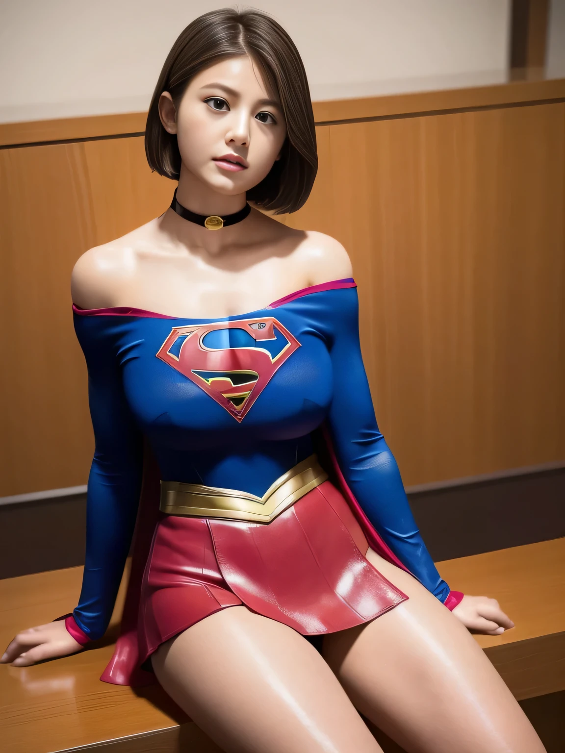 masterpiece、supergirl costume、short hair、enamel boots、big and full breasts、off shoulder、Press conference、Crisis situation、sit down、model body shape、shiny、long sleeve、looking at camera、choker、red mini skirt、Weekly magazine cover、gravure magazine、sweaty、whole body、from right in front、Seduce、sweaty、