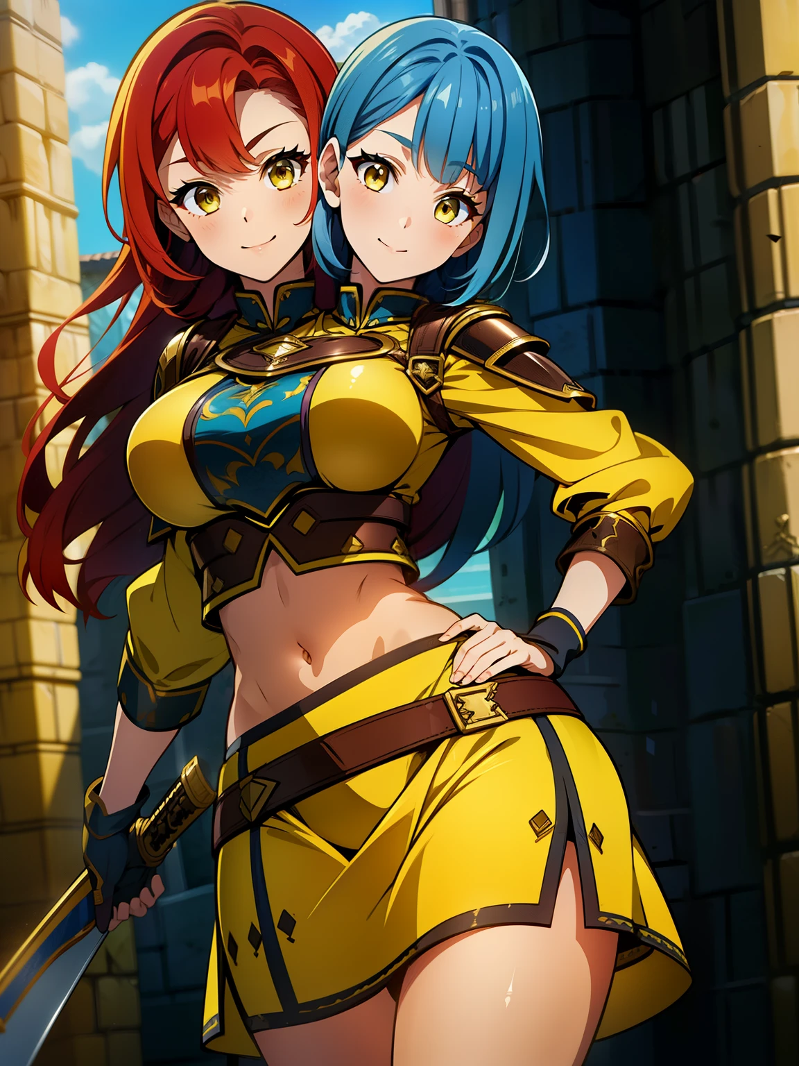 (high resolution), (best quality:1.5, highres, UHD), highres, absurdo, ultra detail, ultra quality, (2heads:1.5), 1girl, (red hair), (blue hair), long hair, unique hairstyles, thighs, (yellow outfit), female warrior, (fully armored), (medieval outfit), sword, gorgeous female warrior, Guild Clothes, RPG fantasy girl, RPG dress, (exposed midriff), yellow eyes, gentle smile, arm at hips