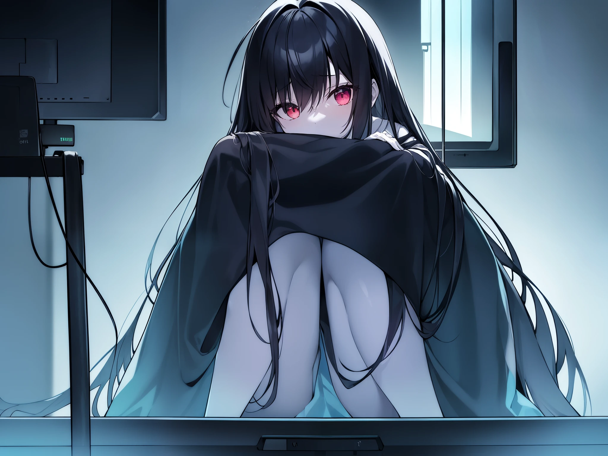 (static television, lower body inside monitor:1.5), yamamura sadako, 1girl, long black hair, hair over eyes, (colored skin, pale skin, white translucent dress), top-down bottom-up, bent over, (curvy, large ass:1.1), indoors, dark atmosphere, sharp focus, cinematic composition,