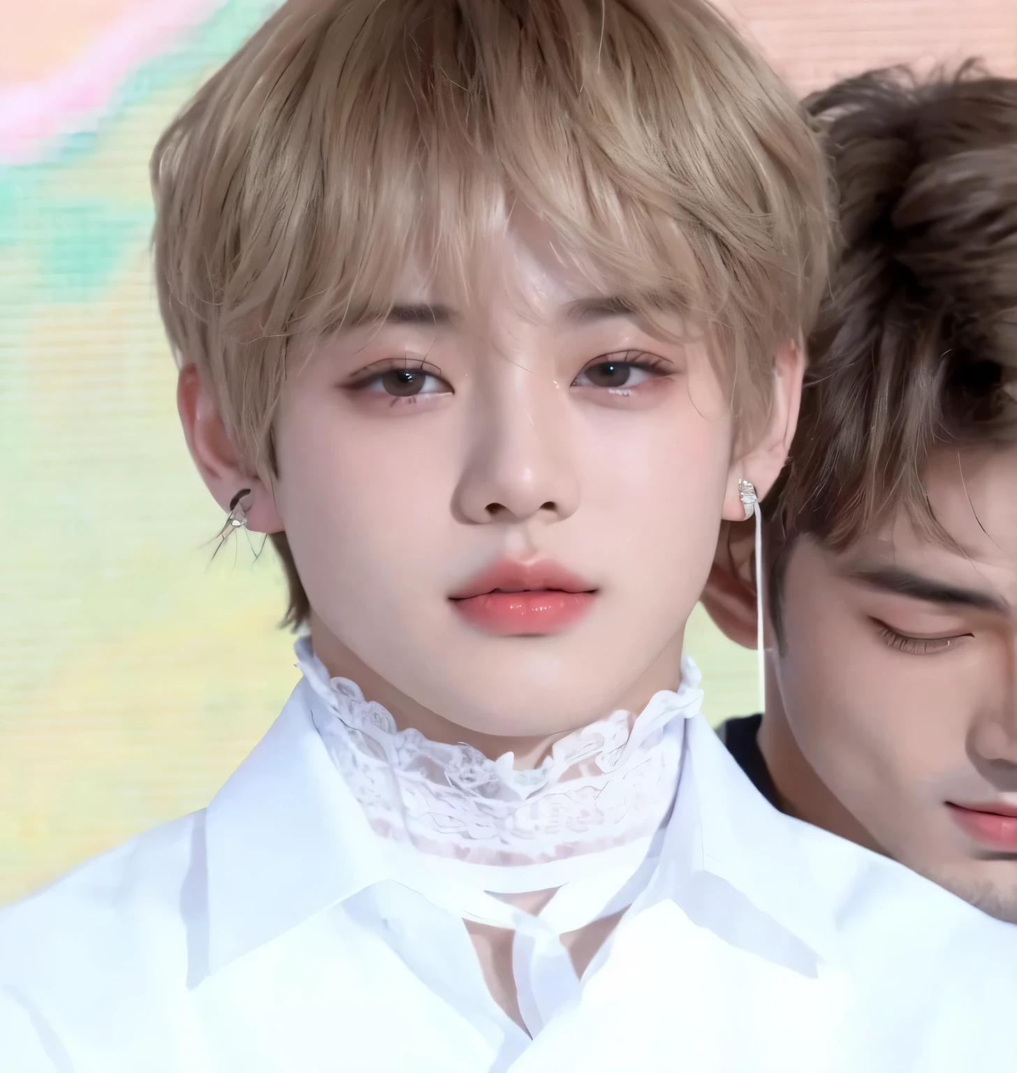 A close-up of two young men with short hair and white shirts, Jimin\his right eyelid is swollen, Jimin\los labios carnosos, accurate Jimin face, Jimin\'s grecian nose, Jimin, sus ojos parecen sabios, ironic smile, yanjun chengt, park Jimin, Cai Xu Kun, sus ojos sangran intensamente