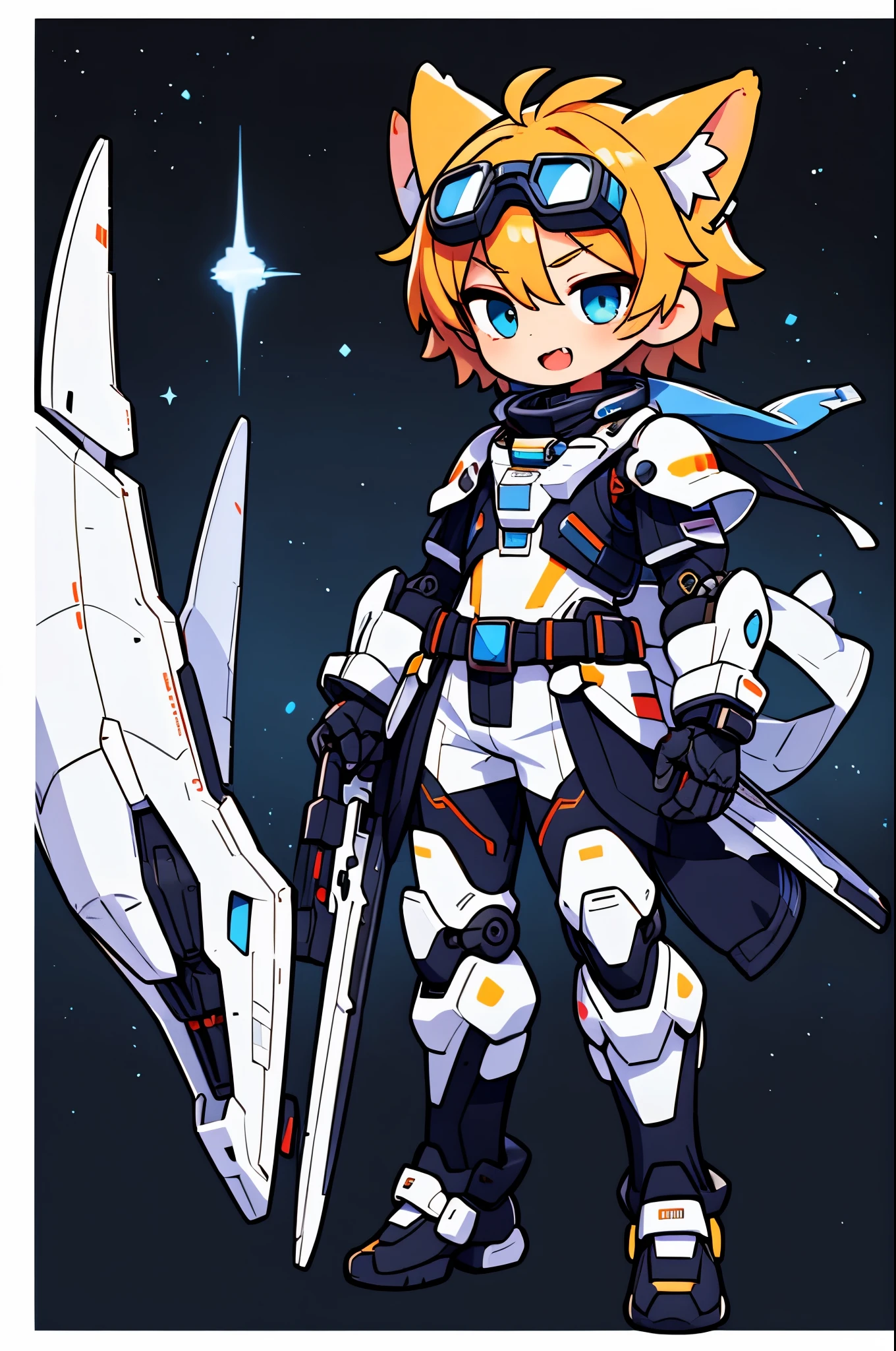 Game CG,4K quality,(( male boy)),Handsome face,straight hair,sharp eyes,wolf ears,((blue goggles on head)) ,fangs, glad,full body portrait,(Wearing blue and white full-body mechanical armor),turtleneck bodysuit,Mecha gloves, white boots, Floating,outer space,Mechanical wreckage,space station ground