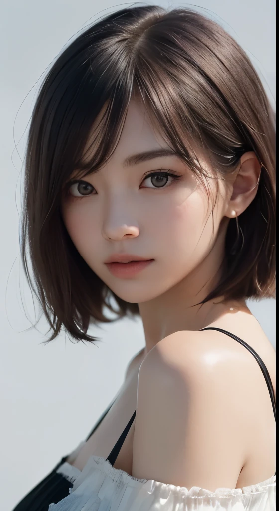 (very detailedな美しい顔)、(超real)、(非常にdetailed eyes、very detailedな髪、非常にdetailed face、very detailedなふっくらとした唇)、(off shoulder)、Court Smile、(highest quality:1.4)、生photograph、(real、フォトrealistic:1.37)、プロのphotograph、cinematic light、highest quality、masterpiece、(realistic:1.2)、1 girl、detailed face、beautiful eye star piece:1.2、 highest quality)、(beautiful eyes with fine details:1.2)、(very detailedなCGユニティ8K壁紙、masterpiece、highest quality、Super detailed、best shadow)、(detailed background)、(美しいdetailed face、美しいdetailed eyes)、high contrast、(best lighting、very delicate and beautiful)、(Colorful paint splashes on a transparent background、Dulux、))、dynamic angle、beautiful detailed shine、whole body、 Highest image quality, masterpiece, (realism的:1.2), Lotus flower, shine, very detailed, ultra high resolution, Super high quality, (photograph:1.2)、(realism:1.3)、(masterpiece:1.3)、(Highest image quality:1.4)、ultra high resolution、(detailed eyes)、(detailed faceの特徴)、(Detailed garment features)、8K resolution、solo focus、30 year old mature woman、small face、No makeup、beautiful eyes for details、bangs、dark brown hair、short cut hair、(realな肌)、beautiful skin、charming、ultra high resolution、超real、High definition、Camisa branca aberta、middle shake、small breasts、bust B cup、small breasts、cool beauty、Gray background