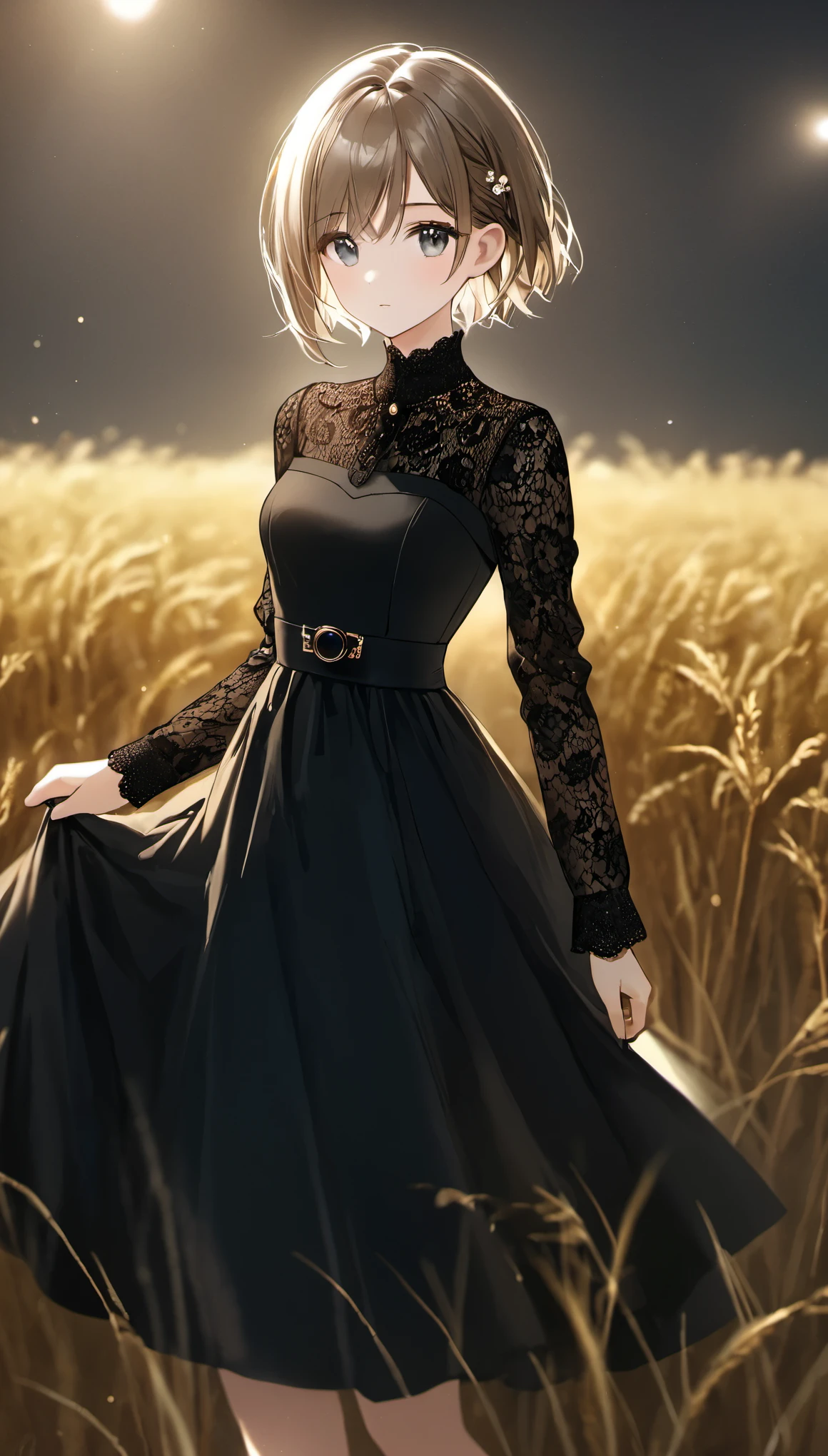 realistic depiction of the human body、one girl、gentle gray eyes、plump lips、An ennui look、small breasts、shortcut、(((Elegant black lace style dress、Dense and artistic lace black line dress、pretty dress、Super Luxury Dresses)))、highest quality、super resolution、masterpiece:1.5、medium depth of field、50ｍｍlens、cinematic lighting、Backlight、professional photographer、