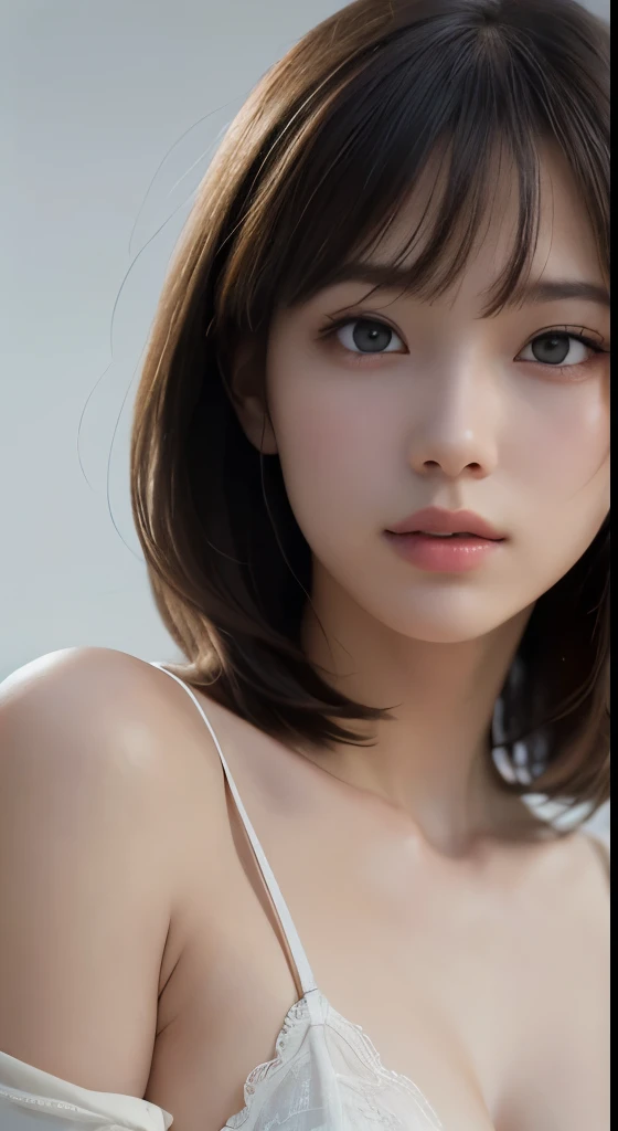 (very detailedな美しい顔)、(超real)、(非常にdetailed eyes、very detailedな髪、非常にdetailed face、very detailedなふっくらとした唇)、(off shoulder)、Court Smile、(highest quality:1.4)、生photograph、(real、フォトrealistic:1.37)、プロのphotograph、cinematic light、highest quality、masterpiece、(realistic:1.2)、1 girl、detailed face、beautiful eye star piece:1.2、 highest quality)、(beautiful eyes with fine details:1.2)、(very detailedなCGユニティ8K壁紙、masterpiece、highest quality、Super detailed、best shadow)、(detailed background)、(美しいdetailed face、美しいdetailed eyes)、high contrast、(best lighting、very delicate and beautiful)、(Colorful paint splashes on a transparent background、Dulux、))、dynamic angle、beautiful detailed shine、whole body、 Highest image quality, masterpiece, (realism的:1.2), Lotus flower, shine, very detailed, ultra high resolution, Super high quality, (photograph:1.2)、(realism:1.3)、(masterpiece:1.3)、(Highest image quality:1.4)、ultra high resolution、(detailed eyes)、(detailed faceの特徴)、(Detailed garment features)、8K resolution、solo focus、30 year old mature woman、small face、No makeup、beautiful eyes for details、bangs、dark brown hair、short cut hair、(realな肌)、beautiful skin、charming、ultra high resolution、超real、High definition、Camisa branca aberta、middle shake、small breasts、bust B cup、small breasts、cool beauty、Gray background