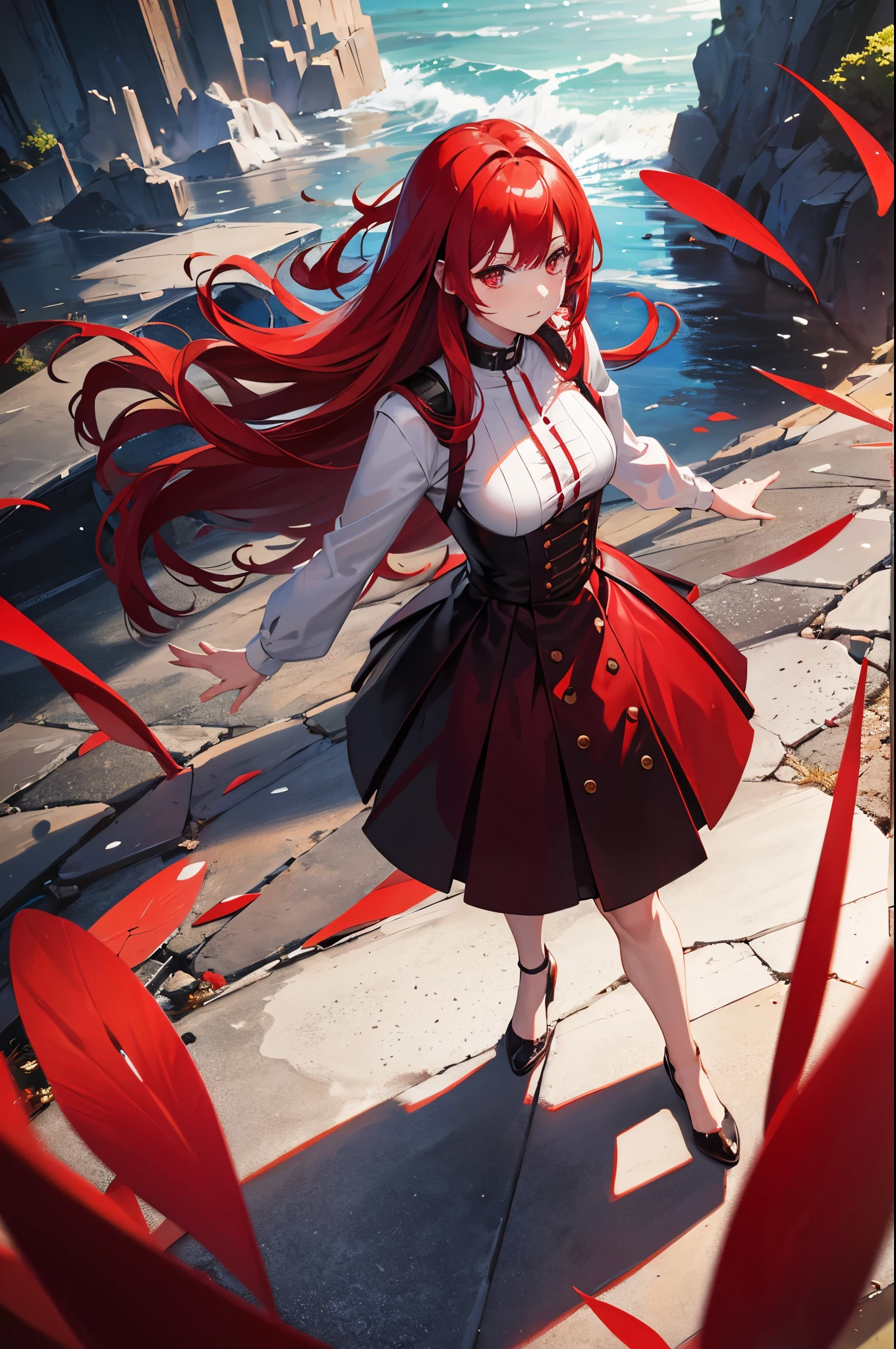 1woman, red hair, red eyes, dress, standing on ground, high res, ultra sharp, 8K, masterpiece