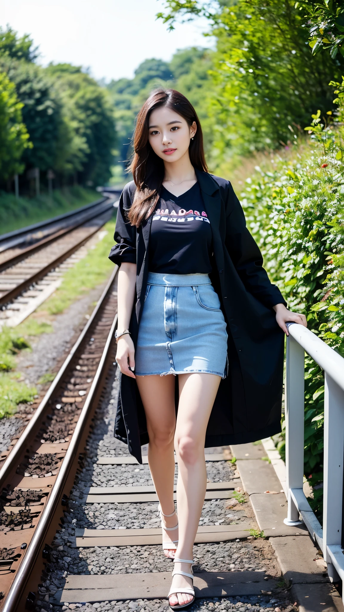 ((best quality)), ((masterpiece)), (detailed), perfect face, very big breasts, ultra high resolution, 8 thousand, perfect body, HUD, Ergonomic, slim legs, small face, long eyelashes, Sparkling pink lips, eye for detail, clean skin, blemish-free face, 20 year old woman, 1 woman, I can see your sexy pelvis, ((Please hold the hem of the skirt.:1.4)), brown wavy long hair, realistic, Highly Detailed CG Integrated 8 thousand Dendenden Wallpapers, Detail, High quality RAW color photos, professional photography, (8 thousand, RAW photos, best quality:1.2), under the blue sky, puffy clouds, very long railway, Gacha-gil, iron tracks on sleepers, ((Beautiful woman walking on the railway)), wearing sandals, V open t-shirt, short tailored jacket, jacket, mini skirt, Minidress, (german beautiful girl), German woman, long V-neck T-shirt,