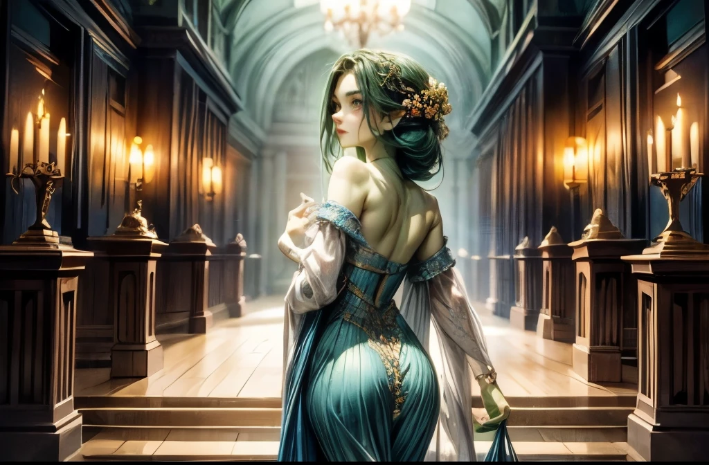 ((best quality)), ((masterpiece)), (very detailed), 4k, perfect face, very very long blue braid draped over shoulder, beautiful, green skin, pointy ears, girl walking up to the entrance of a grand regency era english country manor house. party happening inside, walking on red carpet, flowers, statues, night