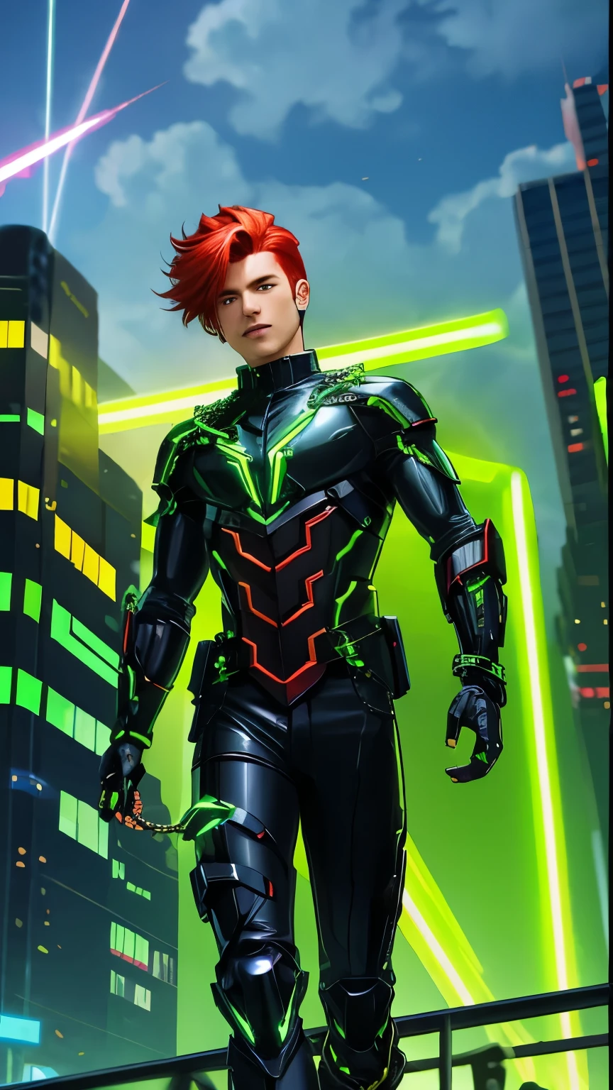 Red straight hairstyle, Holding a Chain with neon