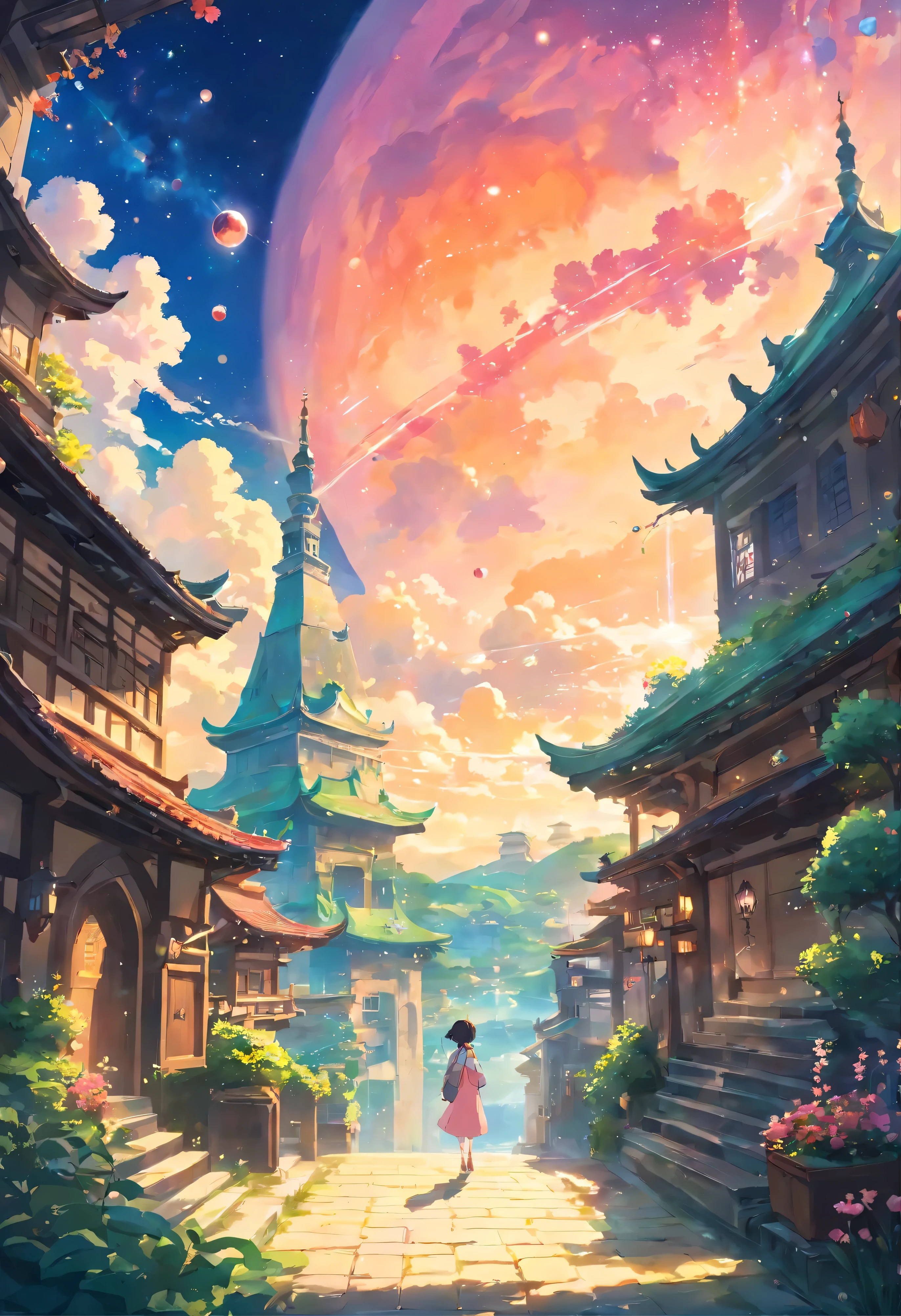 title: 「fantasy twilight」

explanation: This 8K raw photo、So beautiful that it can be called a masterpiece、Illustrated with life-like realism and ultra-high resolution。In the center of the screen is、A fair-skinned, delicate, beautiful girl、sitting on the crescent moon。her long hair shines iridescent、Bubbles surround it as if it were underwater.、green、pink、gold、silver、A universe of emerald green gradations is expanding。

A silver steam guardian nebula floats in the sky.、Corrosive enveloping ray family and colorful stars々、nebula、meteor、comets decorate the sky。Although the scenery of the earth is melancholic,、There is a feeling of ennui、Loneliness and kindness coexist。

on the other hand、Beautiful sunlight shines in the sky、white clouds float、The glow of the sunset illuminates the ground。Floating cities and gardens blooming in the sky、It depicts vines spreading along the wall.、There is a dreamy atmosphere。

This animation、It is depicted as background art for a beautiful anime.、This is a very detailed and beautiful piece of work.。A detailed depiction of the floating city where she sitirage or floating minaret floating in the air、Illusory depiction of a bell tower, etc.、Estrem contains detailed elements。This work、Inviting the viewer to a dream world、Brings a sense of warmth and security。
