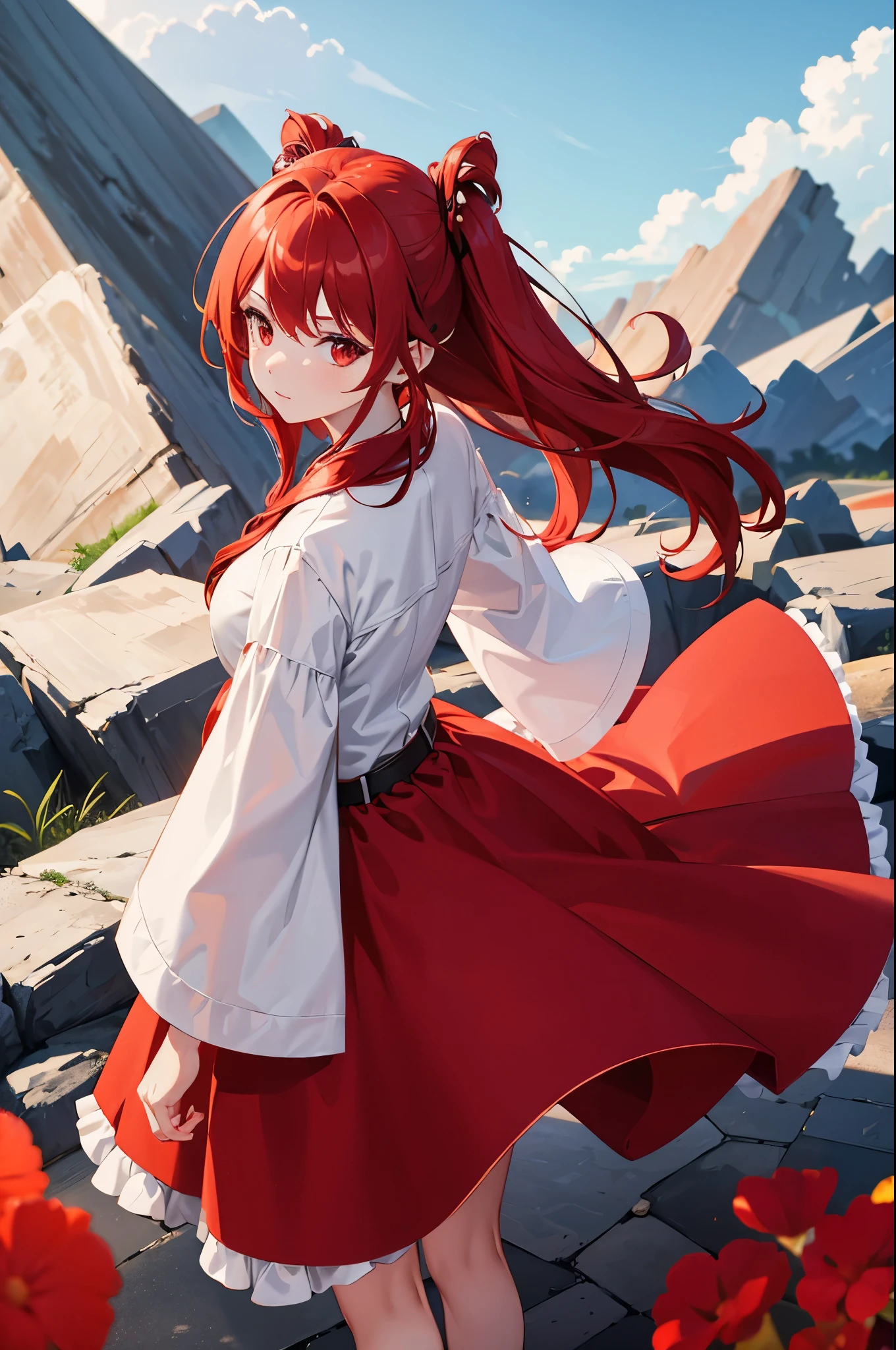 1woman, red hair, red eyes, dress, standing on ground, high res, ultra sharp, 8K, masterpiece