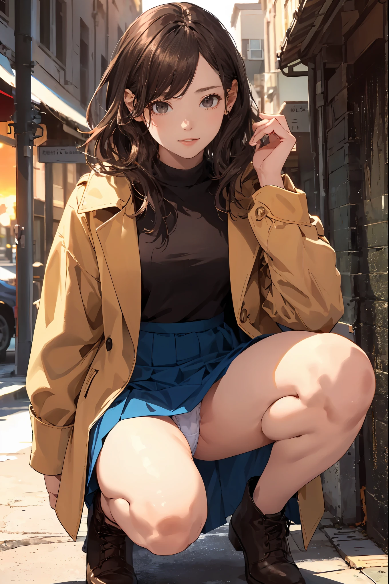 (High-definition images, atmospheric perspective, 8K, Super detailed, Accurate, highest quality), woman, (Winter clothes, Jacket, skirt), look away, (realistic eye size, droopy eyes), spread her legs, squat, smile, Sweat, (dark downtime, sunset), boots, Downtown Area), ((Super detaileded drawing luxury panties)), (((her long-skirt lining between her legs))), long hair, small breasts、NSFW