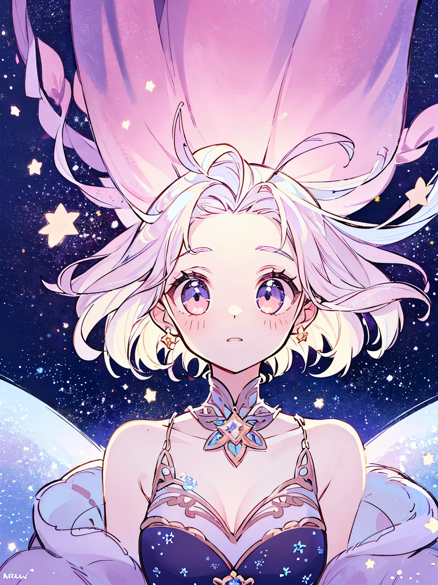 complex background, wishing star background, a woman wearing an ethereal mystical pink translucent dress that reflects the stars, perfume promo art, mystic, complex drawing, highly detailed, Covergirl brand, promo art, artistic rendition, ethereal, starry night, midjourney style