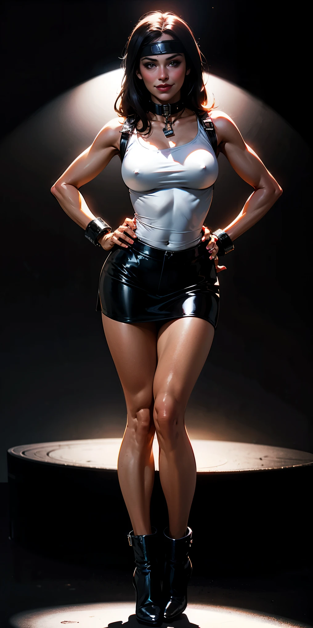 ((BLACK BACKGROUND)) 1 Sex slave female blindfolded standing straight symmetrical on black background, full body, 2legs TOGETHER, WRIST HANDCUFFS, LEATHER SLAVE COLLAR, lustful smirking smile face red blushed red cheeks, HANDS ON HIPS clenching fist