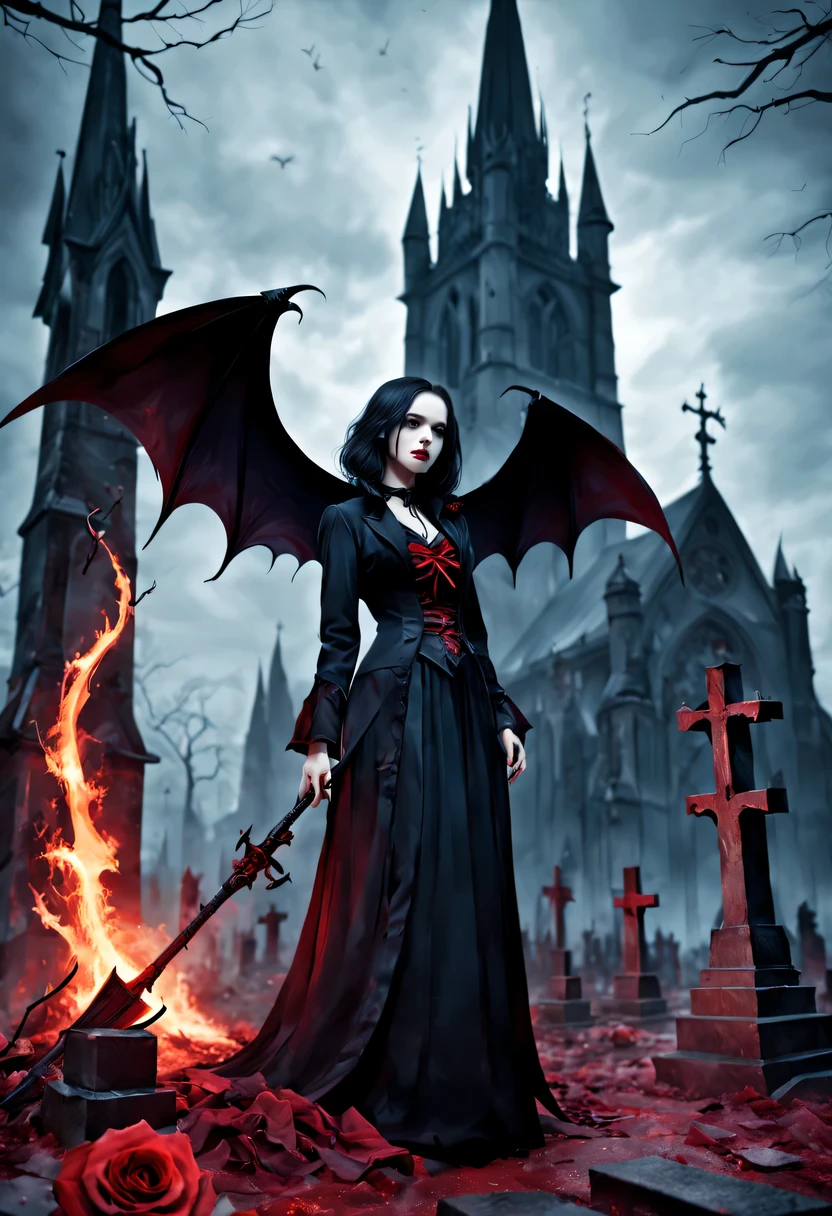 （Messenger from hell：1.4），cross，one个巨大的Blood-sucking ghost，View of sickle from below，hell，magma，flame，（purple flame：1.3），There is fresh Blood on the ground，Blood pool，dripping Blood，Gothic aesthetics，one、Rose、castle、cross、Blood、churchyard，gothic style的神秘、solemn and profound，gothic style，gothic style蕾丝的衣服、Rose symbolizes romance、grave、Blood-sucking ghost、witch、ruins、gothic cathedral，Gothic symbols series