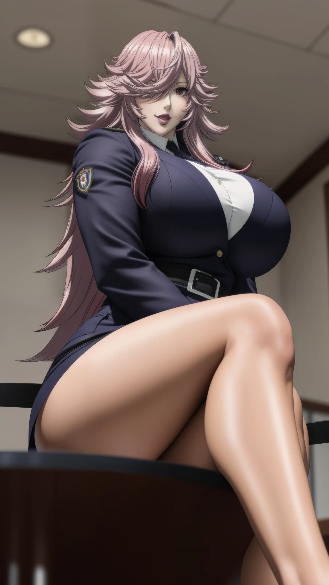 Yayoi_Kusakabe, 1girl, solo, smile, red eyes, sitting, sky, cloud, indoors, hair over one eye, makeup, table, crossed legs, lipstick, big breast, thicc thighs, muscular body