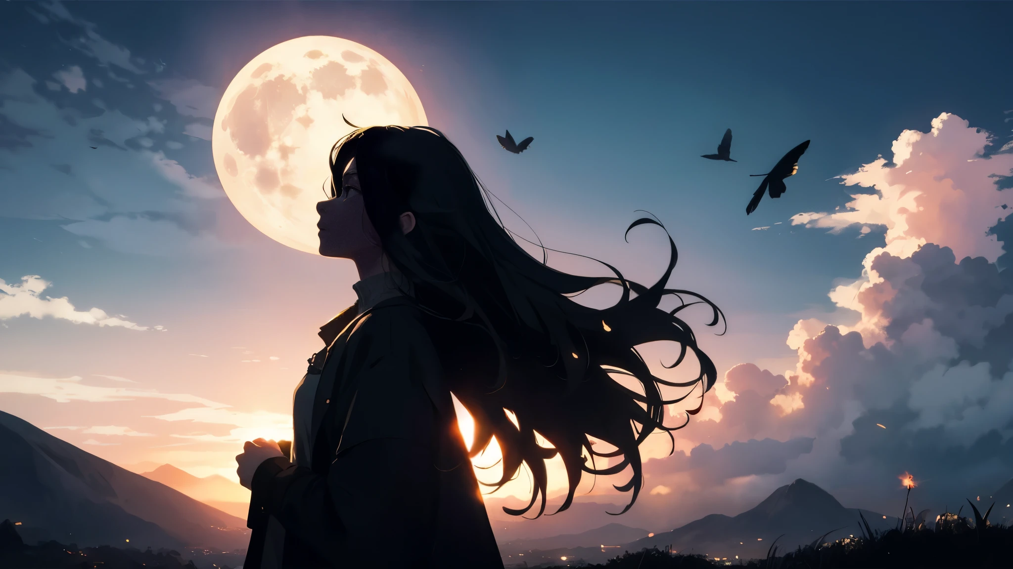 masterpiece, highest quality, night, hill, cloud, full moon, long hair, woman, silhouette, fire Fly.