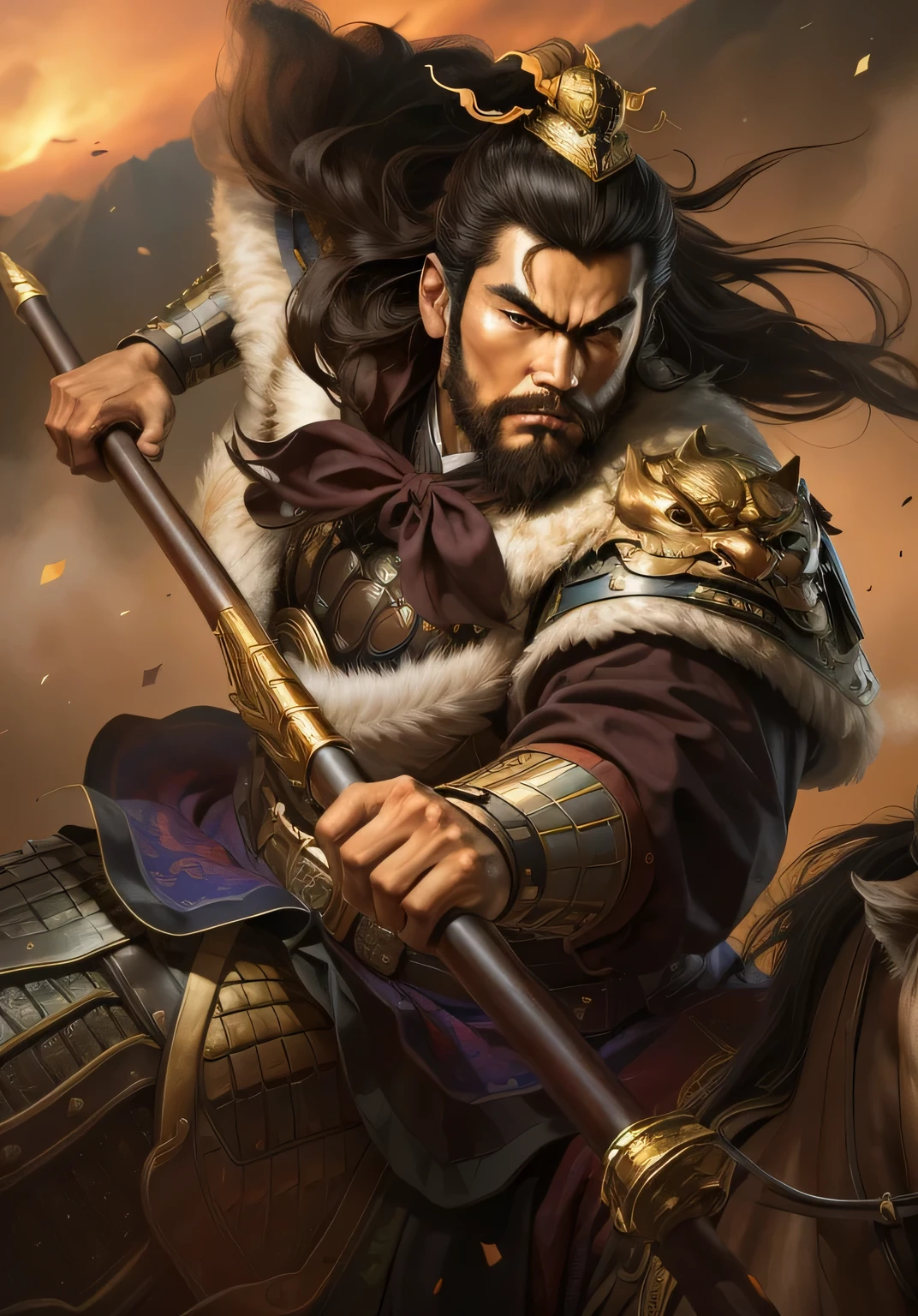 (4K,   best quality, high resolution:1.1), (masterpiece:1.1),   man, (Chinese male:1.2), youth, warrior, delicate eyes, beard, muscular, Strong, brave, brave, powerful, Honourable, disciplined, confident, looking at the audience,
Face, support, Crown , armor, possessing weapons, riding, horse,