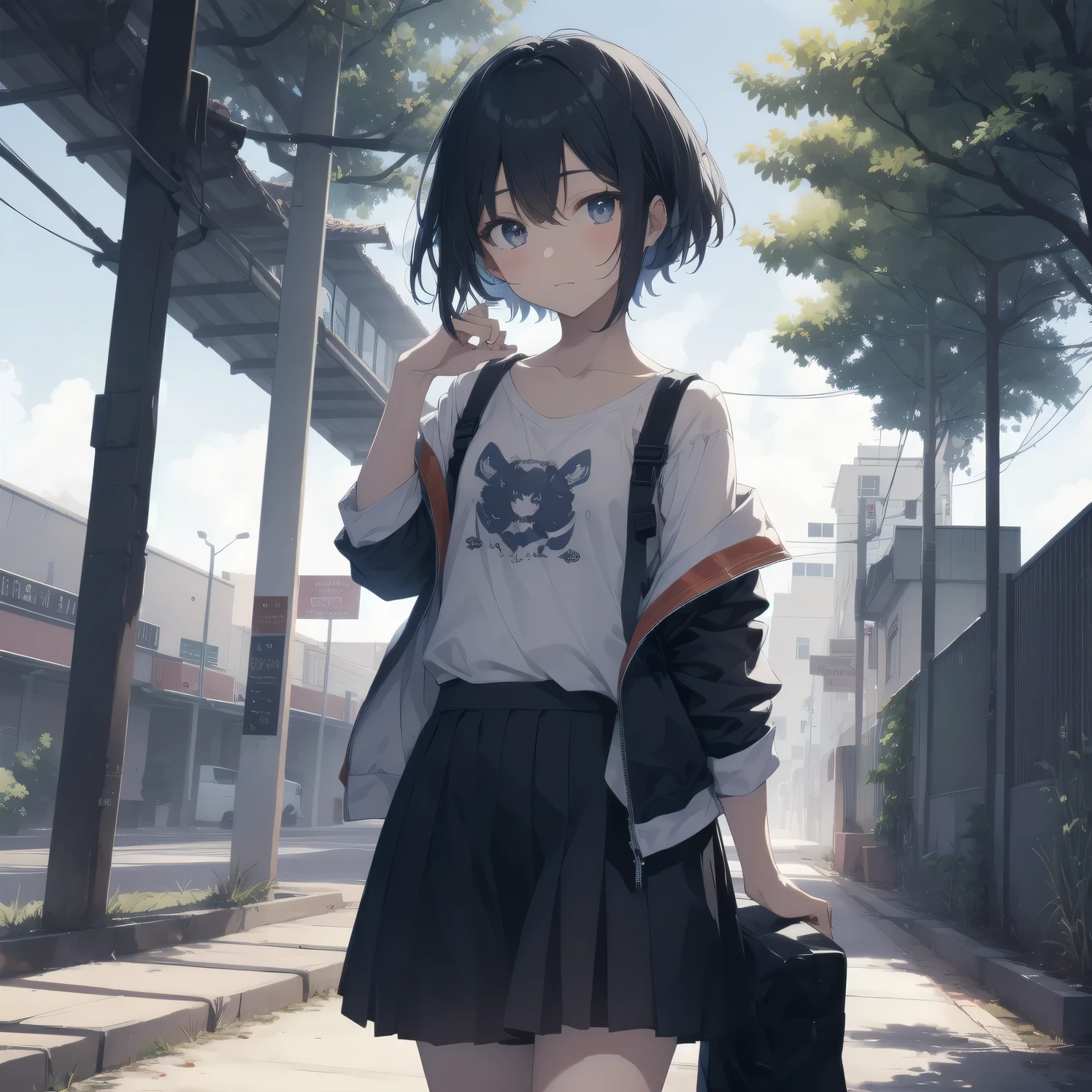 ultra-absurdres-Top quality by art God, ultra-detailed, high resolution, anime moe artstyle, best anime 8k konachan wallpaper, pixiv contest winner, perfect anatomy,break, 1girl, (Please draw a girl walking sleepily to school alone. )break,(Solo,little female, 13-year-old:1.3),Full limbs, complete fingers,a junior high school student, Attractiveness of immature bodies, (very short hair), short cut, flat chest, , small butt, small black eyes, beautiful detailed eyes, well-proportioned iris and pupils, expressive eyes, highres detailed hair, soft expression, school_uniform, pleated skirt,(Detailed Lighting), (Detailed background), in the School commute route. break,super detailed skin, Best cinematic lighting powered by famous artist, 8k,beauty illustration,photoshop_(medium),very aesthetic,break,((artist:core )), artist:akinashi yuu ,artist:oyari ashito ,artist:kantoku ,