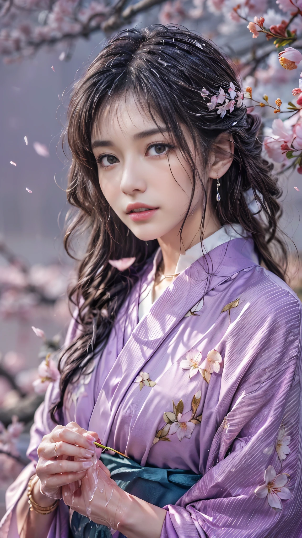 (RAW shooting, Photoreal:1.5, 8K, highest quality, masterpiece, ultra high resolution), ((((after the rain, Rows of cherry blossom trees at night))), Highly detailed skin and facial textures:1.3, perfect dynamic composition:1.2, (In front of a shrine at night in a modern city, expression of sadness:1.0, Tears are flowing:1.0, cry with a broken heart:1.0), Slim office lady wet in the rain:1.3, cowboy shot, Fair skin:1.2, sexy beauty:1.1, perfect style:1.2, beautiful and aesthetic:1.1, very beautiful face:1.2, water droplets on the skin, (rain drips all over my body:1.2, wet body:1.2, wet hair:1.3), (Professional kimono dressing:1.1, Holding a bouquet of wet cherry blossoms:1.2, Wear a wet light purple kimono correctly:1.3), (Medium chest, bra is see-through, Chest gap), (Eyes that feel beautiful eros:0.8, Too erotic:0.8, Bewitching:0.8), necklace, earrings, bracelet, wedding ring, Highly detailed hand and finger expressions
