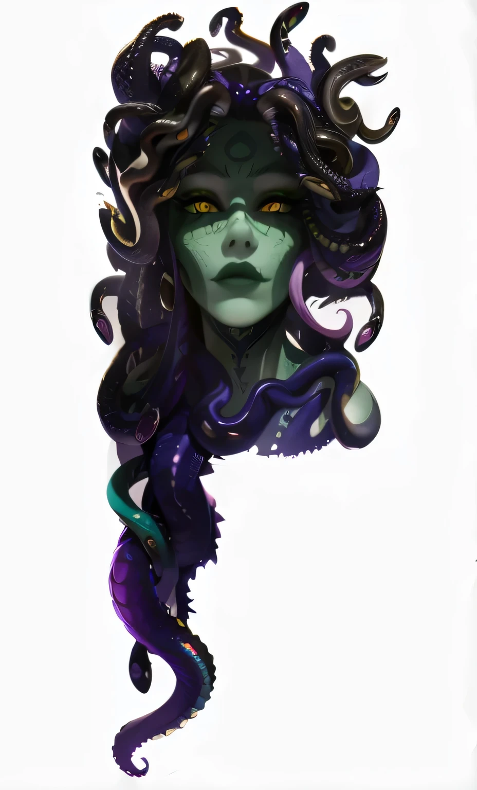 perfect front view, frontal portrait, looking at the camara (best quality,4k,8k,highres,masterpiece:1.2),ultra-detailed,(realistic,photorealistic,photo-realistic:1.37),portraits,medusa the gorgon,upper half portrait,scaly skin,snakes and tentacles for hair, yellow eyes in hair,hypnotic eyes,pale complexion,green and purple tentacles,slithering snakes for hair,intense gaze,flat white background,vivid colors,sharp focus,ethereal beauty,mythological creature,detailed facial features,goddess-like appearance,dark and mysterious,striking contrast,horrifying yet captivating, looking at the camara, perfect front view