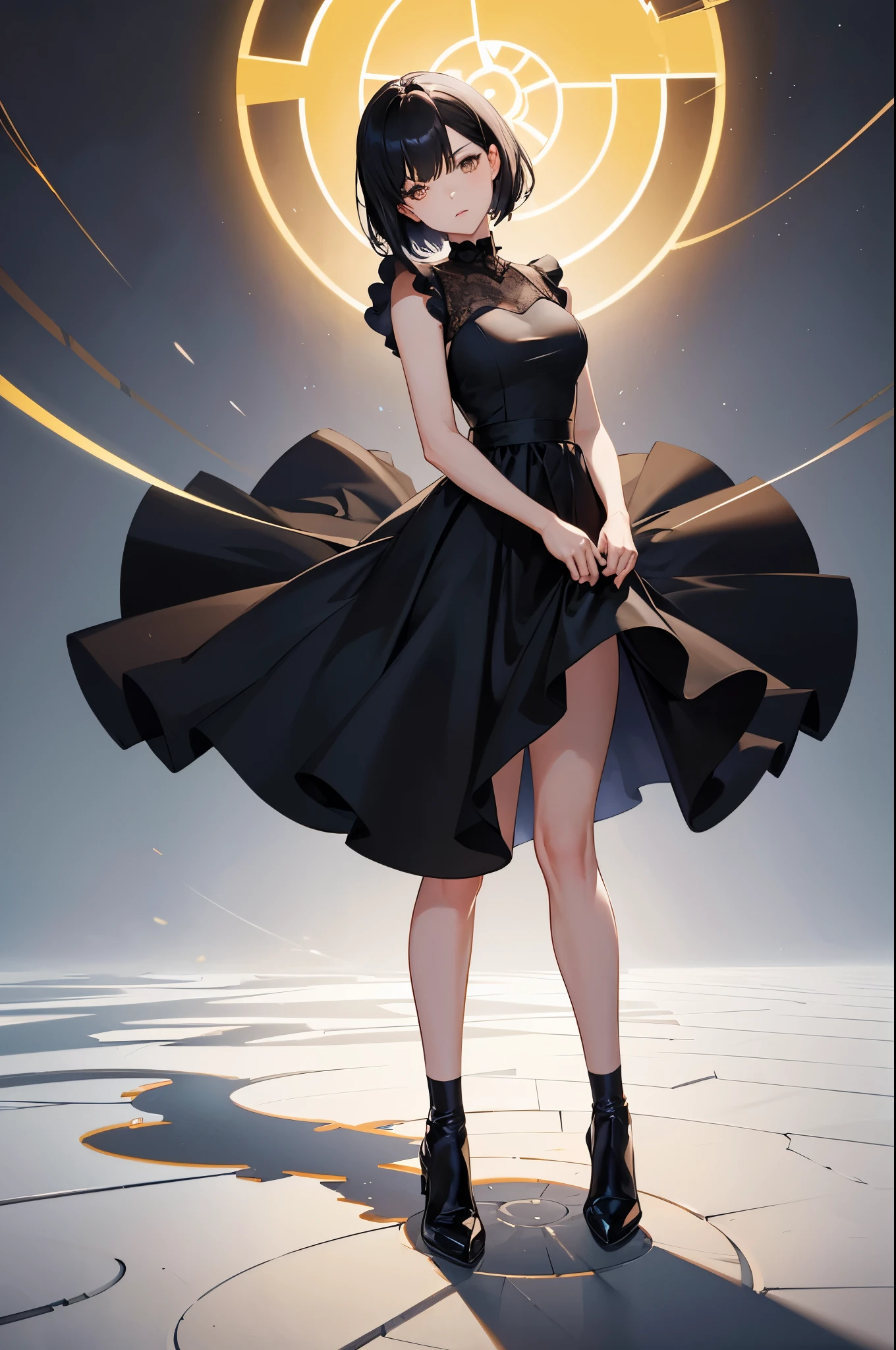1woman, short black hair, golden eyes, dress, standing on ground, high res, ultra sharp, 8K, masterpiece