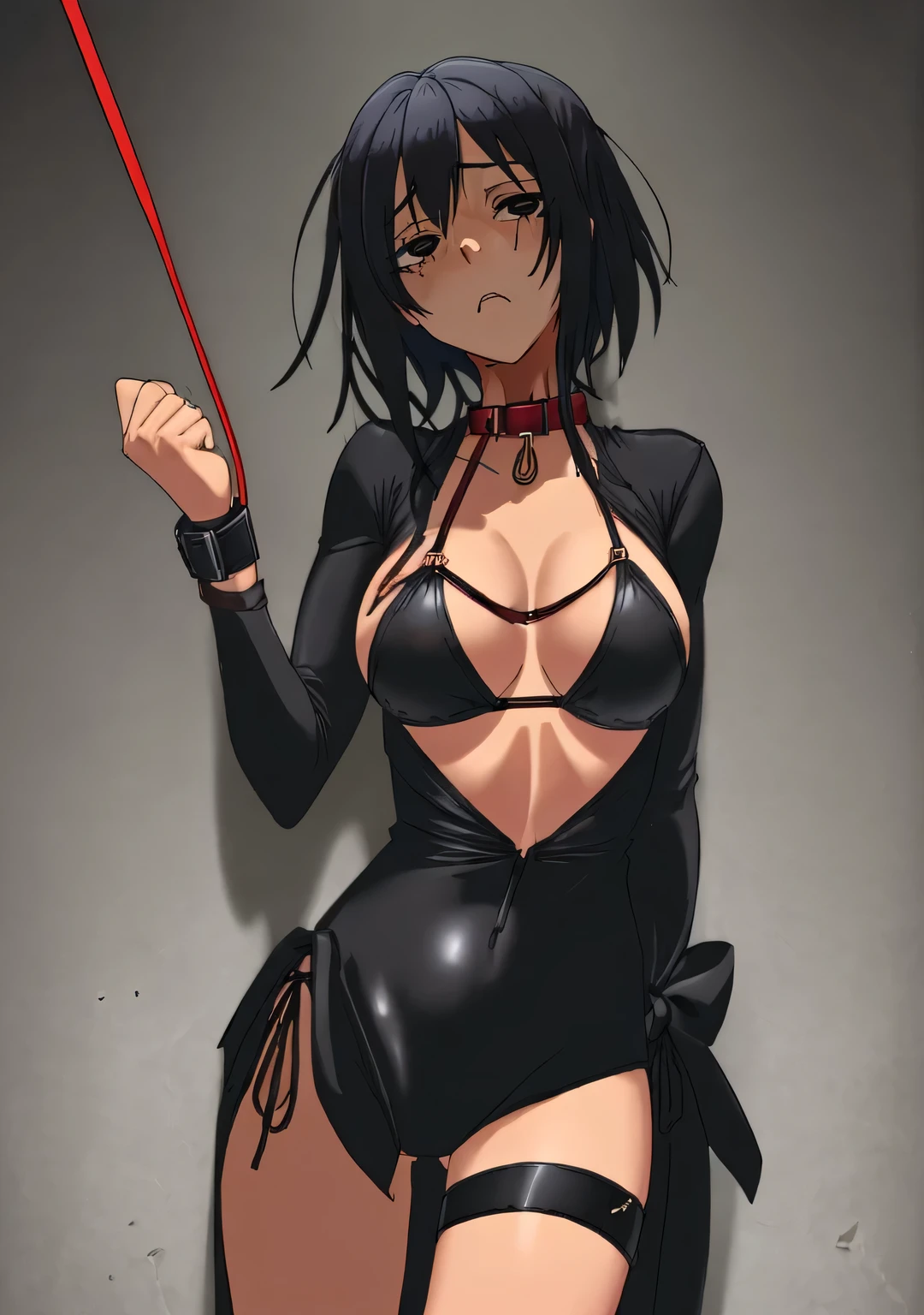 ((collar,leash,tied up,bondage,scared expression)),black hair,black eyes,(bikini)