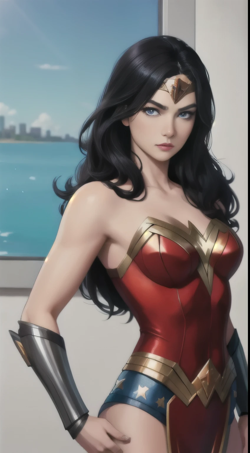 1 woman, Amazon superhero, Wonder Woman, black hair, long hair, blue eyes, detailed eyes, Alone focus, simple background, female focus, Alone, standing, sung Jin-Woo, portrait,, (artwork:1.0 ), (Best Quality:1.0), (8K Wallpaper:1.0), (Beautiful Detailed Face:1.0), (Detailed Deep Eyes), Deep Eyes,looking at the viewer,
