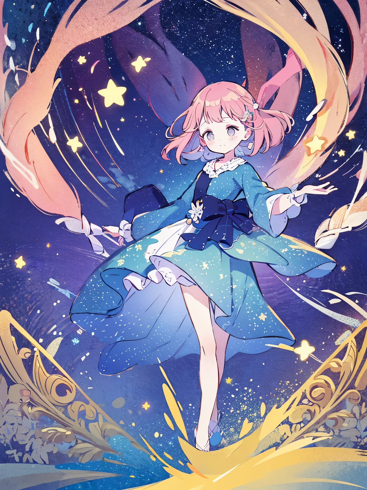 complex background, wishing star background, woman inside of the bottle wearing a ethereal mystical pink traslucent dress that reflects the stars , perfume promo art, mystic,complex drawing, highly detailed, Covergirl brand, promo art,a woman inside of a perfume bottle. artistic rendition, ethereal, starry night, midjourney style